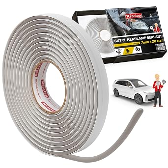 XFasten Butyl Rope Headlight Sealant Tape Gray 20ft, No-Squish Packaging Automotive Retrofit Butyl Tape RV Waterproof and Airtight Resealing for Headlamp Restoration, Windshield, and Tail Light, 7 mm