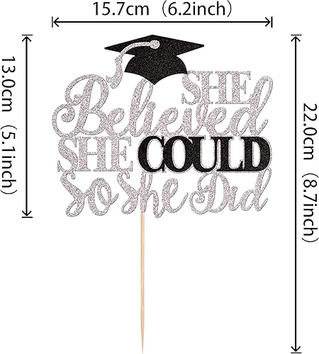 Miniatura 2 de 1 pieza de decoración para tartas con purpurina para la clase de 2023, diseño de texto en inglés "She Believed She Could So She Did", para