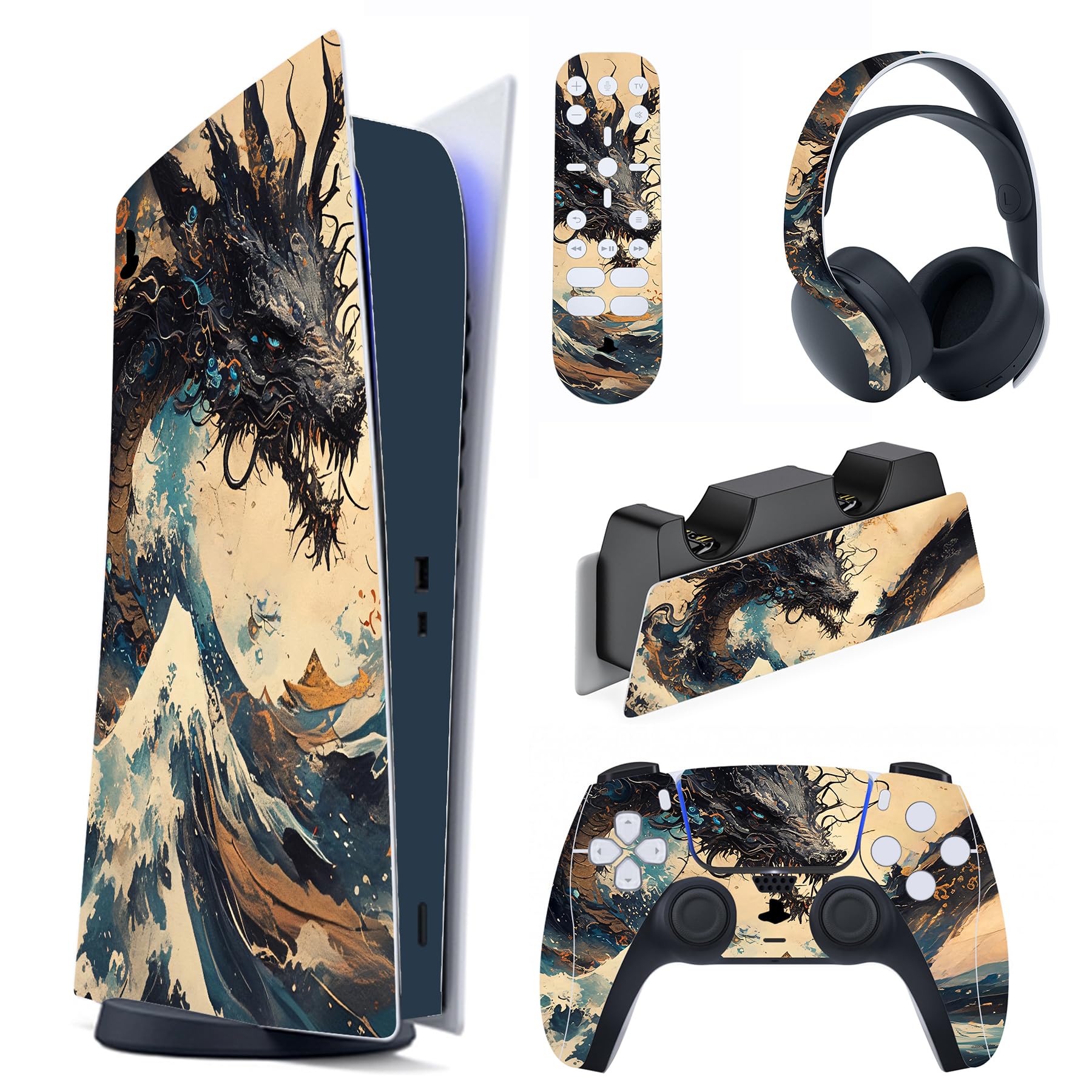 PlayVital Pegatina Completa para ps5 Edición Digital - Calcomanía Vinilo para Consola, Control, Estación de Recarga, Control Remoto y Audífonos, Adhesivo Piel (Dragón Ink Spirit) — view 45