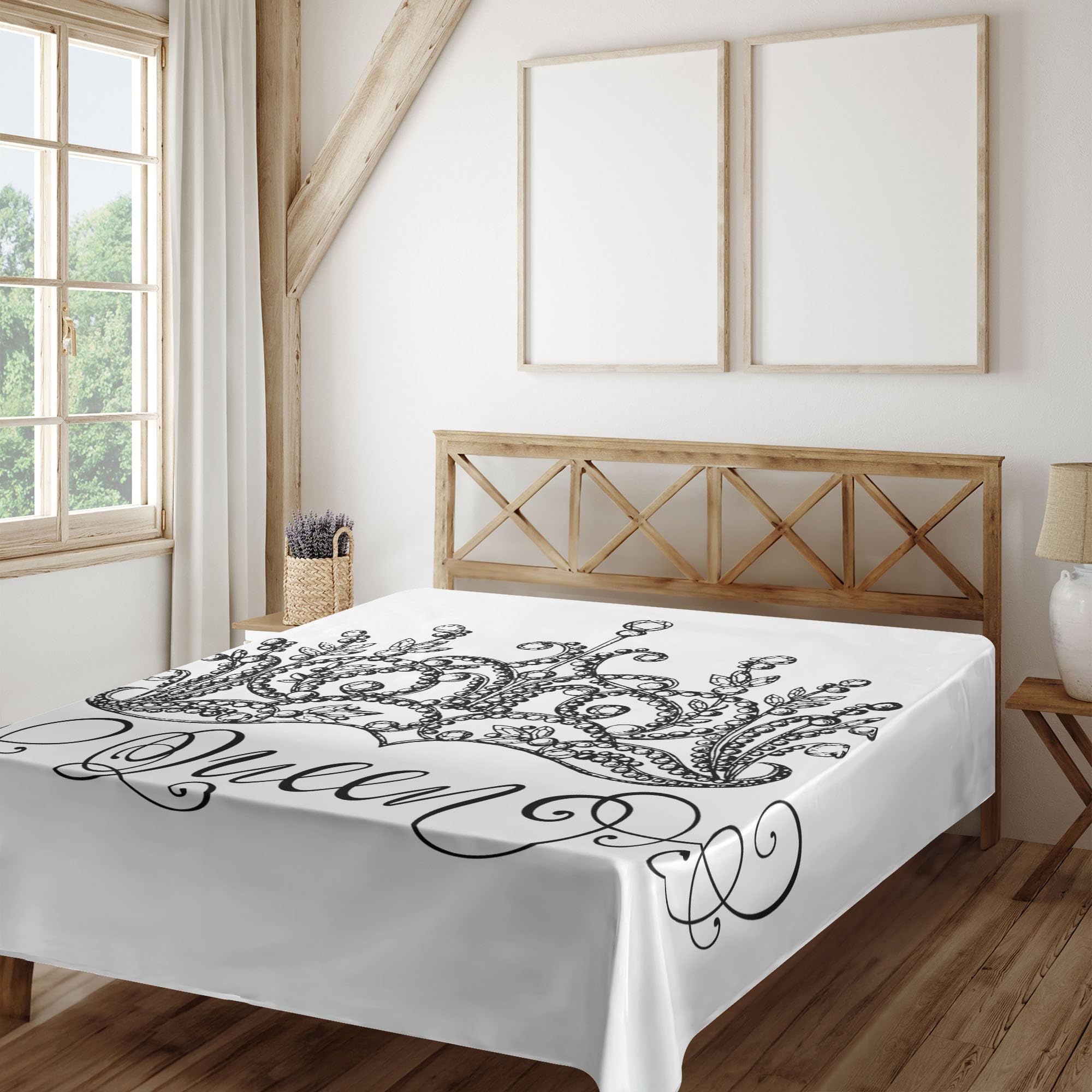 Ambesonne Queen Flat Sheet, Hand Drawn Crown Lettering Baroque Style Elements Calligraphy Print, Soft and Comfortable Top Sheet Decorative Bedding 1 Piece, Full Size, Black and White
