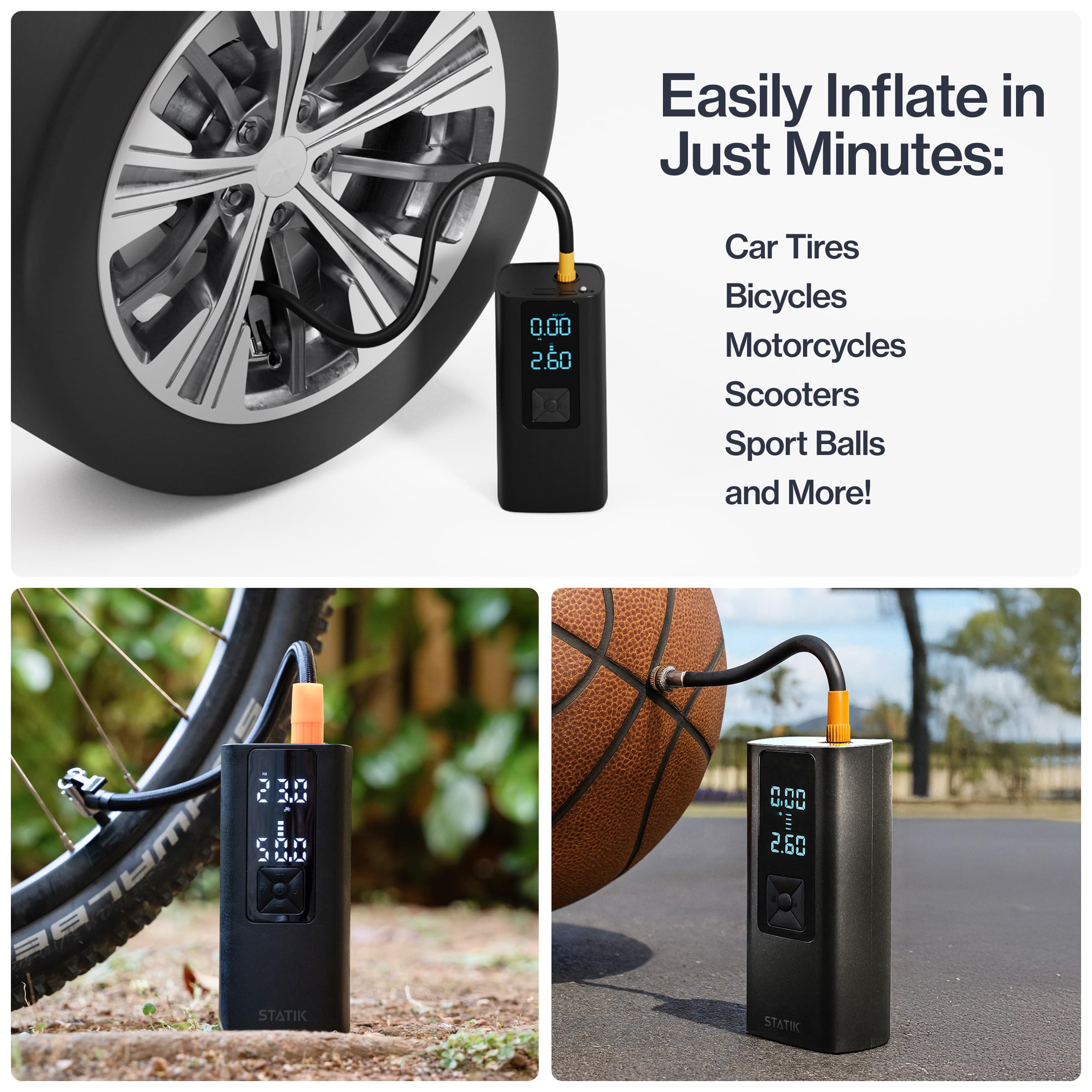 STATIK TireHero Przenośna sprężarka powietrza do opon samochodowych, 150 PSI, elektryczna pompa powietrza do piłek, pompki rowerowej, nadmuchiwanych, paddleboard, materac pneumatyczny, zestaw