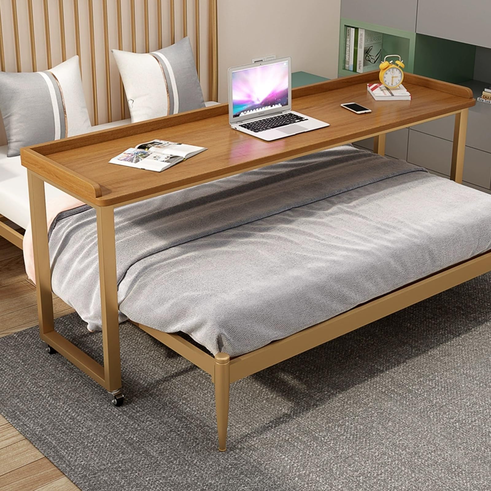 Generisch Schlafzimmer-Betttisch mit Rollen, Betttisch für Laptop, Arbeitstisch über dem Bett mit Trennwänden, mobiler Bettschreibtisch für Zuhause, rollbarer Betttisch für Krankenhäuser.