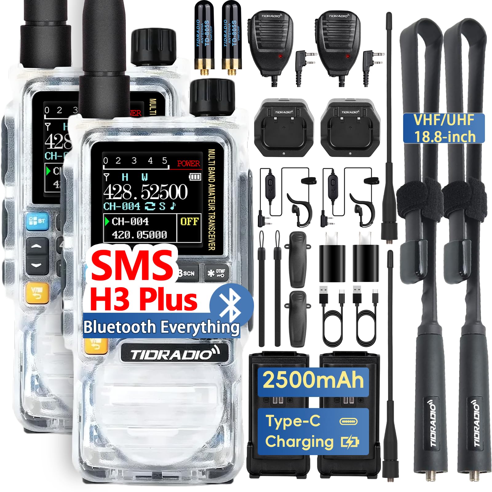 TIDRADIO TD-H3 Plus Ham Radio Handheld, Bluetooth-Headphone-connectable,Wireless Programming, Multi-Band Walkie Talkies Long Range NOAA Emergency Weather Radios for Survival Gear Crystal 2 Pack