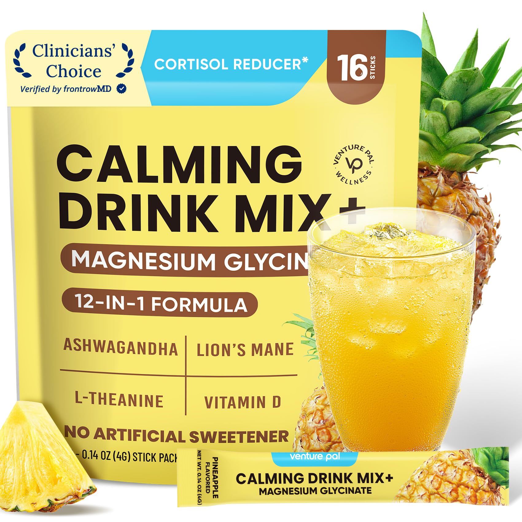 Venture Pal Calm Drink Mix, Cortisol Reducer and Sleep Aid with Magnesium Glycinate, Ashwagandha, L-Theanine,Vitamin D, Calm Magnesium Powder for Relax & Focus, No Sugar, Non GMO, Vegan & Gluten-Free