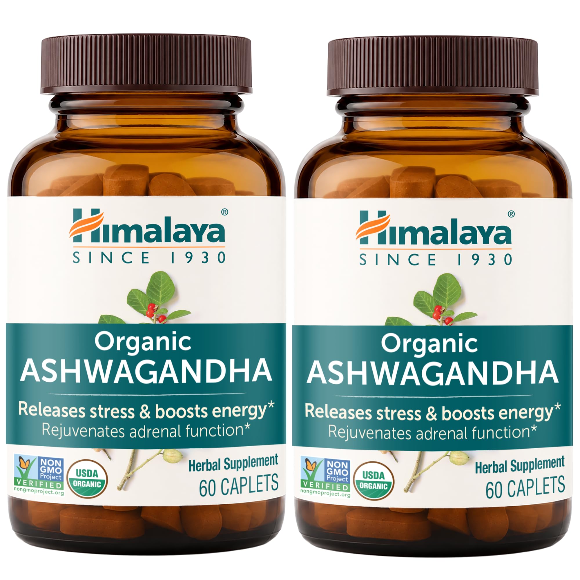 Himalaya USDA Organic Ashwagandha Root, 670 mg, 120 Day Supply, 120 Caplets 60 Count (Pack of 2) Capsules