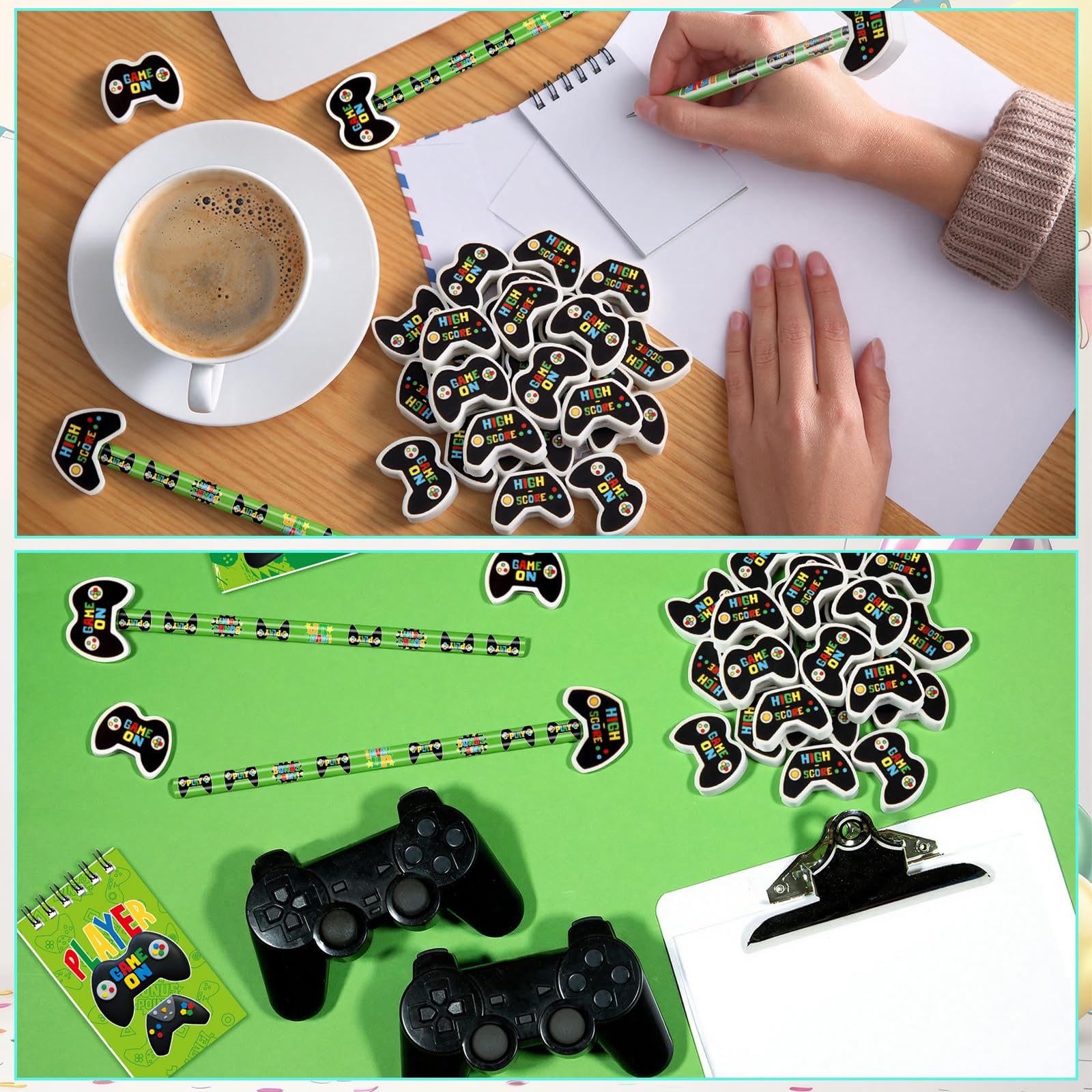 Lot de 72 articles de papeterie sur le thème du jeu vidéo, 48 crayons avec gomme, cadeaux de fête, 24 mini bloc-notes à spirale pour l'école, les salles de classe, les récompenses
