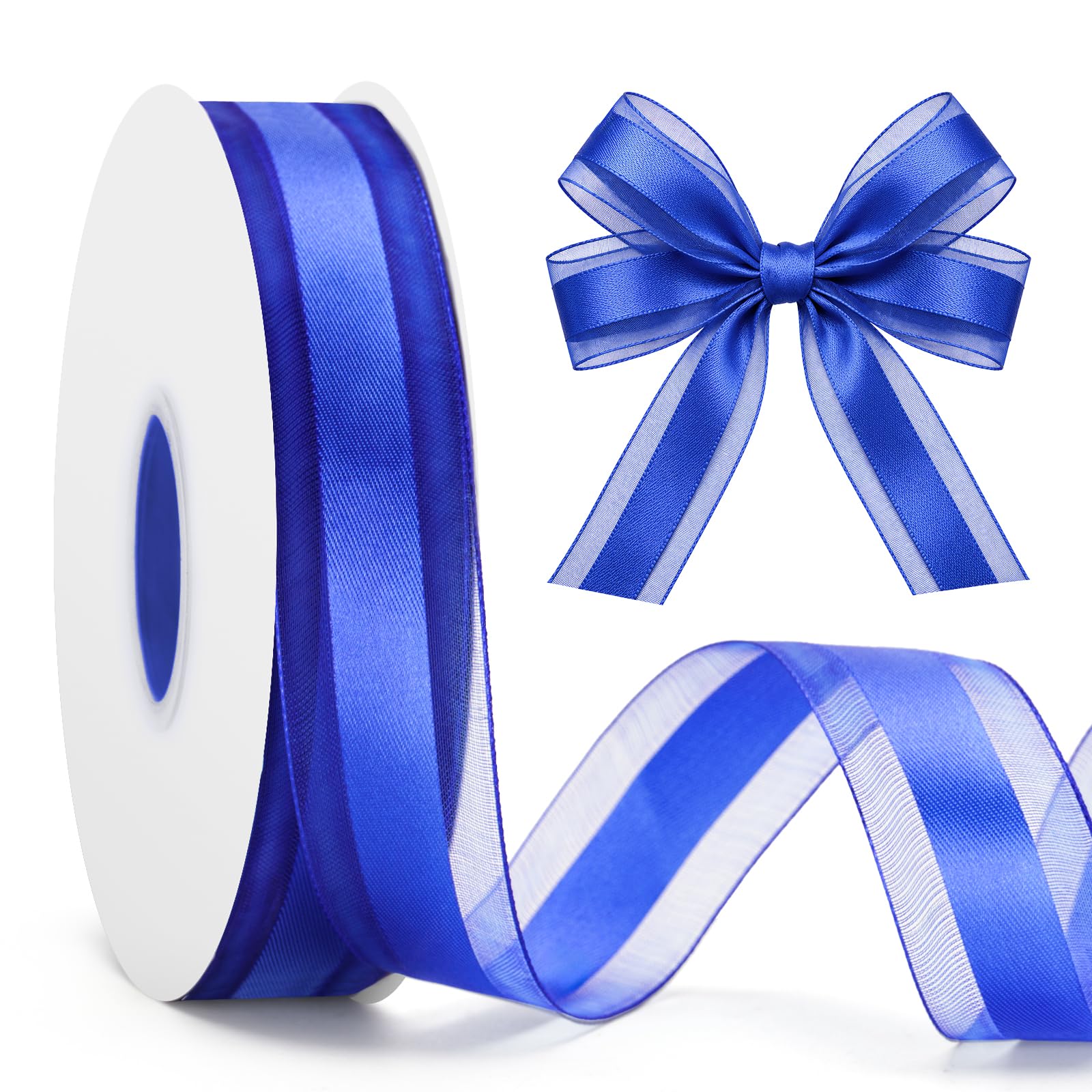 G2PLUS 25mm Royal Blue Organza Ribbon: 50 Yards Sheer Tulle Wrapping Ribbon for Crafting, Gift Wrapping, Wedding Invitations, Bouquet, Christmas Tree Bows — image 1