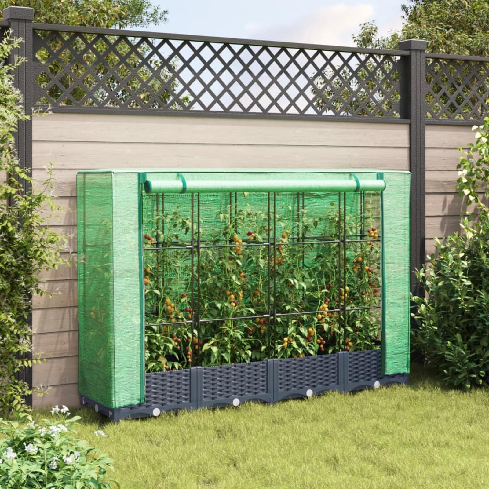 Homgoday Hochbeet mit Gewächshaus-Aufsatz Pflanzkasten Gemüsebeet Blumenbeet Blumenkasten Gartenbeet Pflanzbeet Frühbeet für Balkon Garten Terrasse Rattan-Optik 160x40x123 cm Dunkelgrau