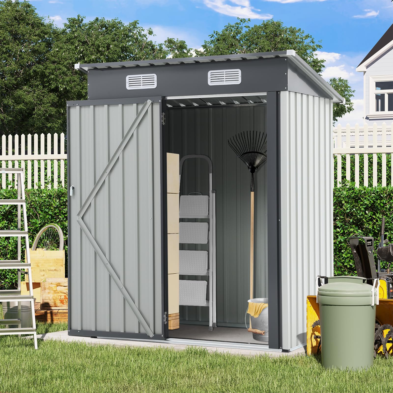 Verano Garden 5 x 3 ft Outdoor Storage Shed, Galvanized Steel Metal Garden Shed, Single Swing Door W/Lock, Outdoor Storage Tool House for Backyard, Porch, Lawn