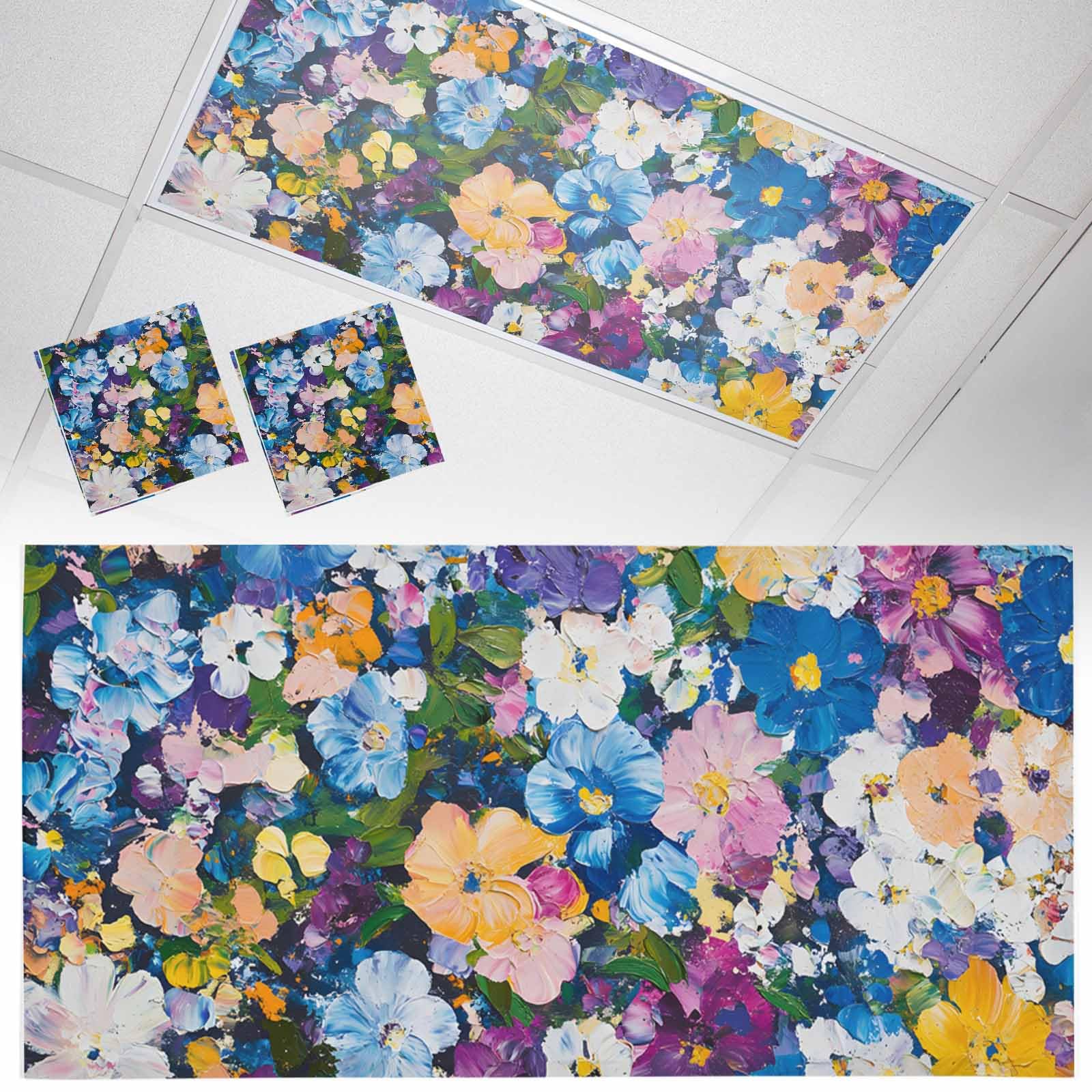 Wowouhiya 2 Pack Fluorescent Light Cover for Ceiling Lights, Spring Floral Magnetic Classroom Light Filters 4x2 Feet, Oil Painting Flowers Modern Abstract Art Decorative Ceiling Shade Panel for Office