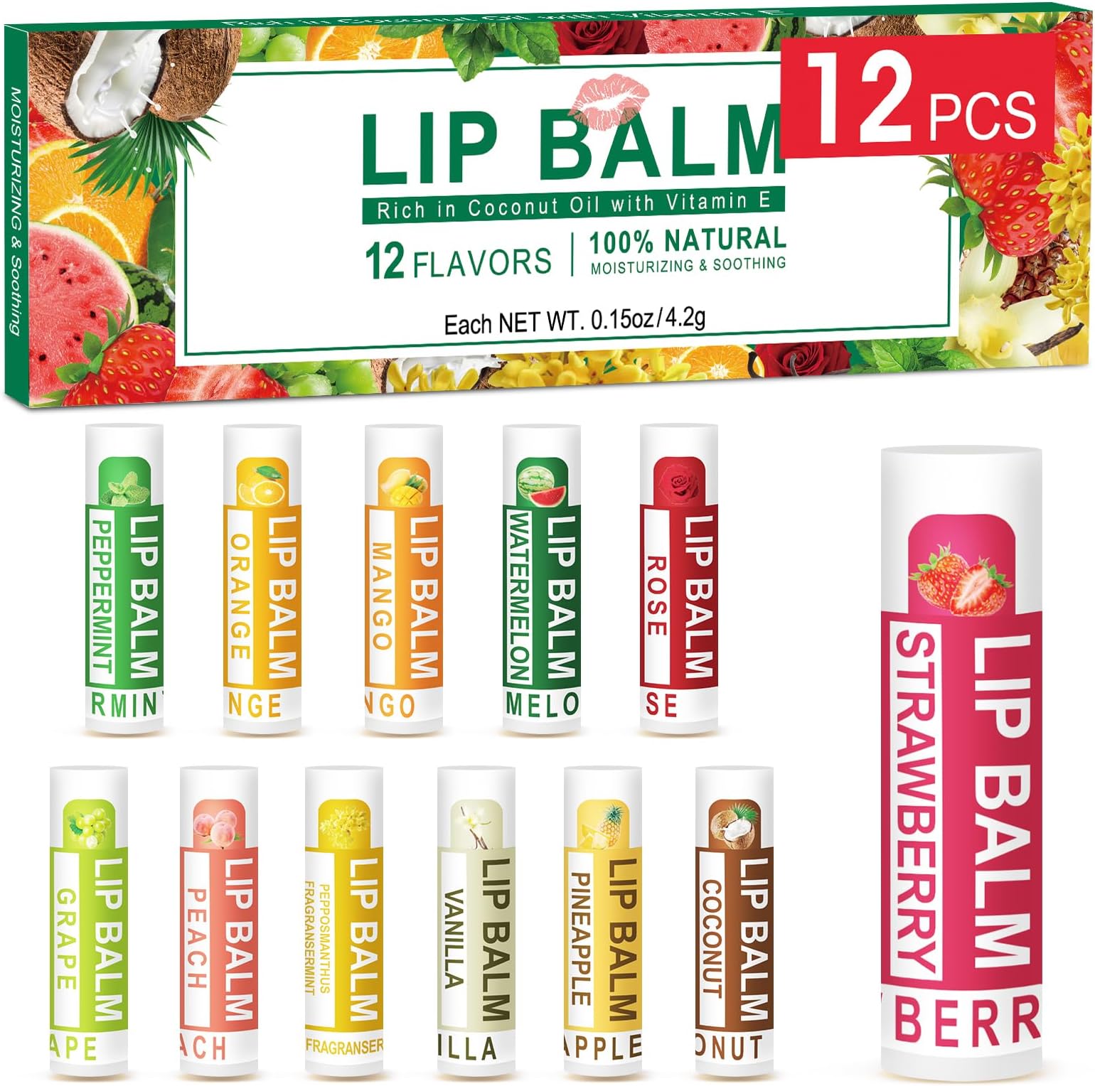 DMSKY 12 Pack Lip Balm, Natural Lip Balm Bulk with Vitamin E and Coconut Oil, Moisturizing Lip Balm for Dry Cracked Lips, Lip Balm for Stocking Stuffers - 12 Flavors