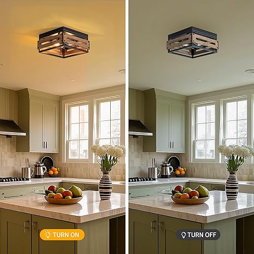 Miniatura 4 de MAYNA Lámpara de techo empotrada de 2 luces, lámpara de techo rústica, cuadrada de metal y madera, lámpara de comedor para pasillo, granja, entrada,