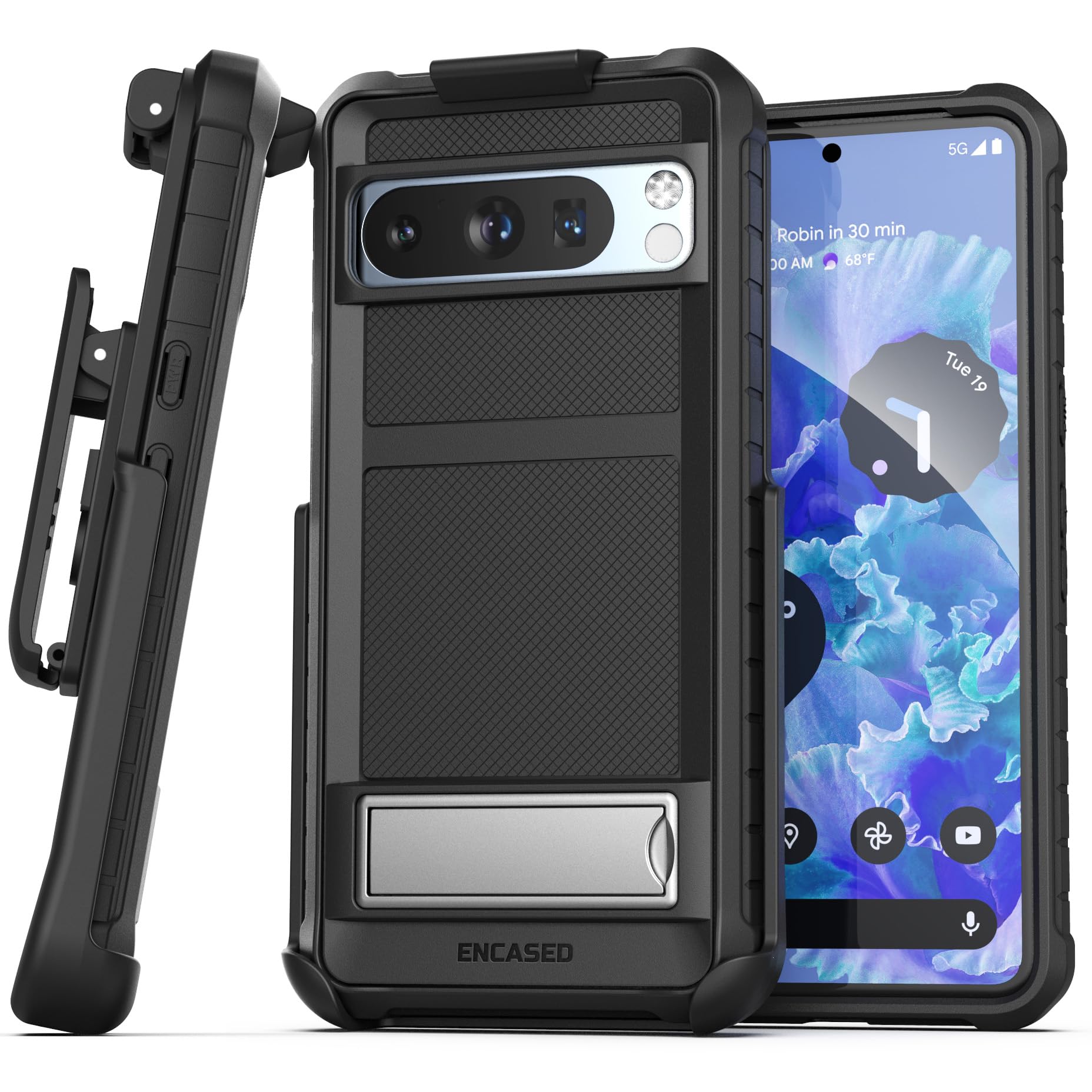 Encased Belt Case for Google Pixel 8 Pro with Screen Protector and Holster Clip (2023) - Black (Pixel 8 Pro)