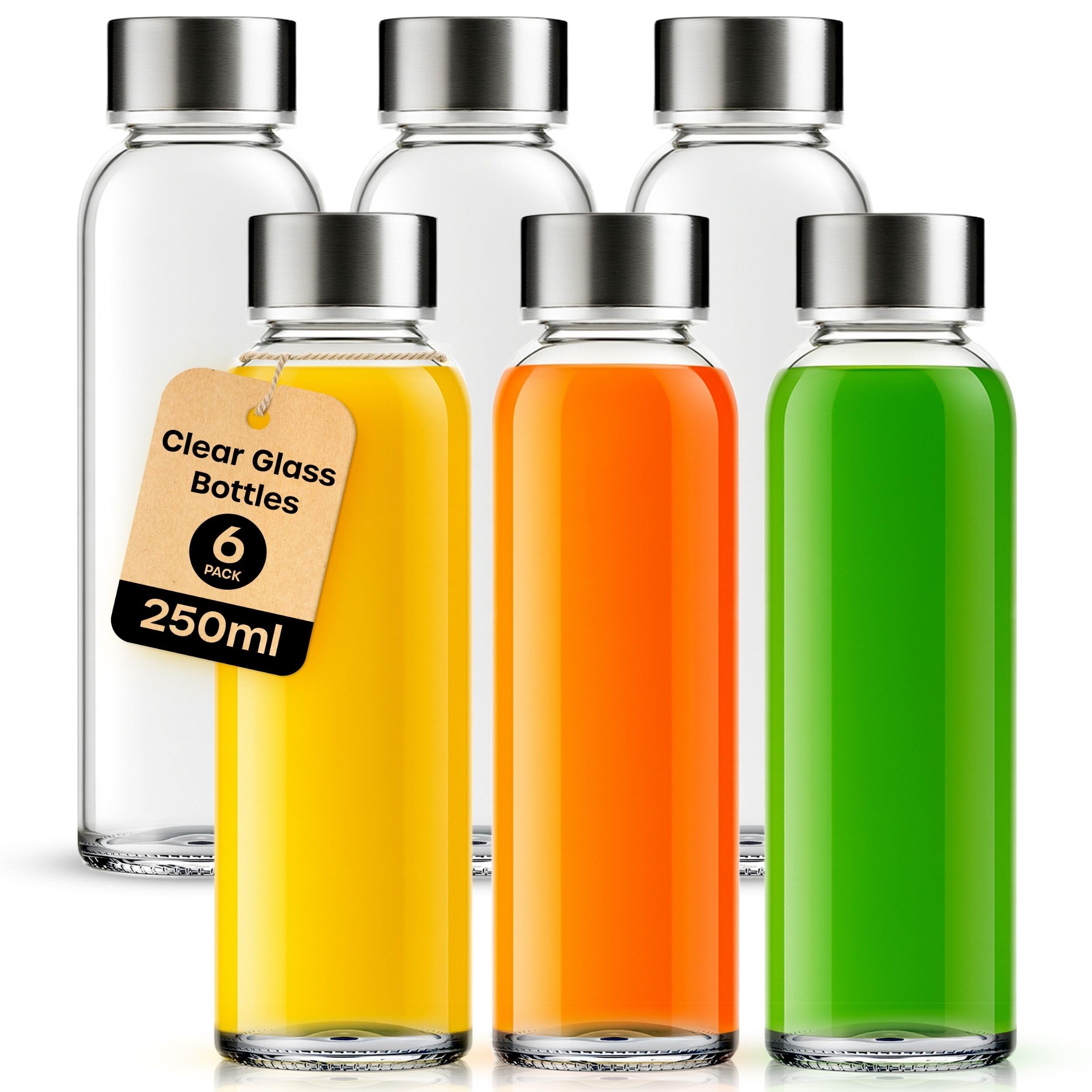 volila Glass Bottles with Lids - 6 Pack 250ml Leakproof, Reusable Glass Drinking Bottle for Water, Juice, Milk and Smoothie - with Airtight Metal Lids, Cleaning Brush and White Labels