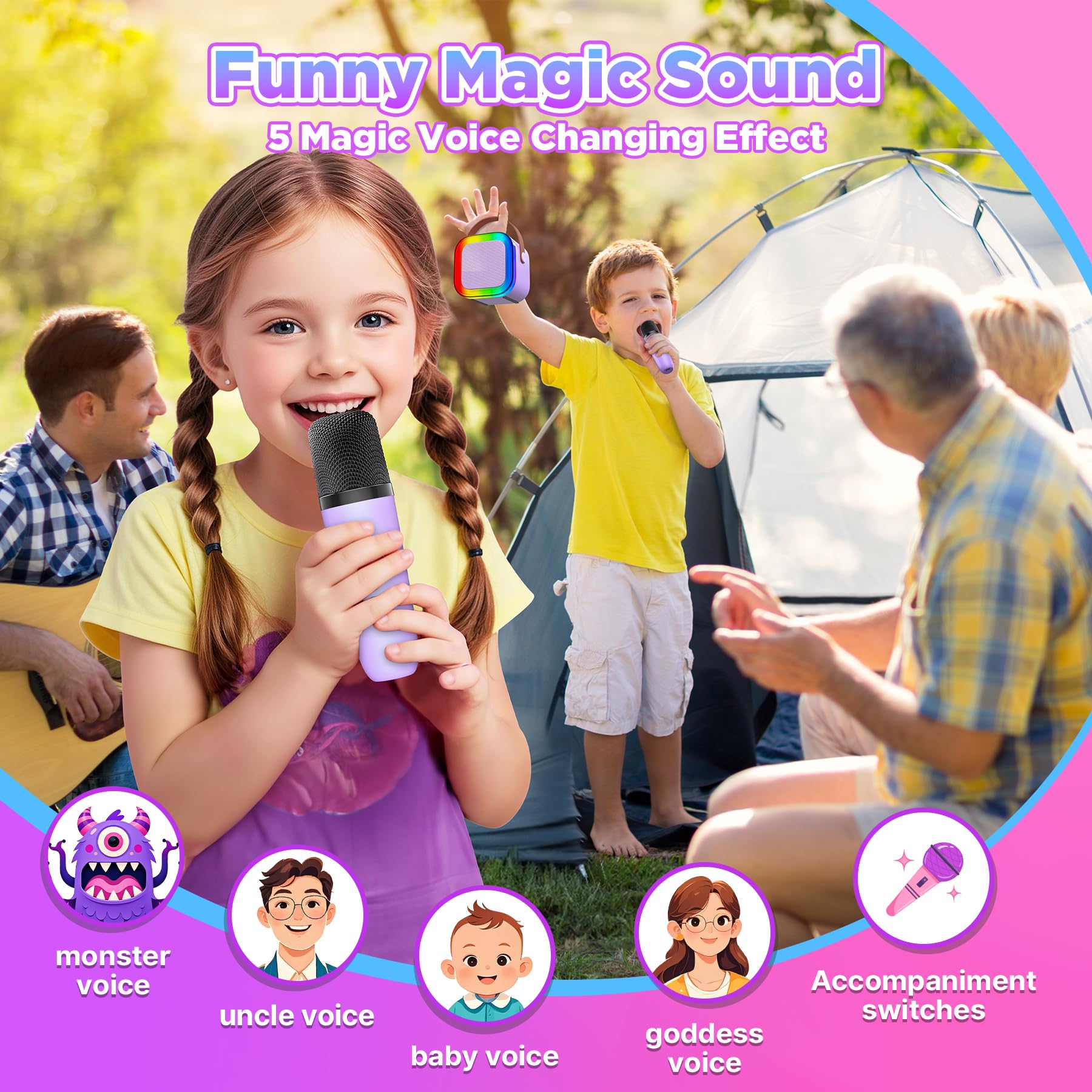 Gontence Karaoke con 2 Microfono Bambini - Macchina Musicale con Luce LED - Regalo per Bambine 3-12 Anni - Giocattolo Giochi Bambina 3-12 Anni -Mini Microfono Viola per Karaoke