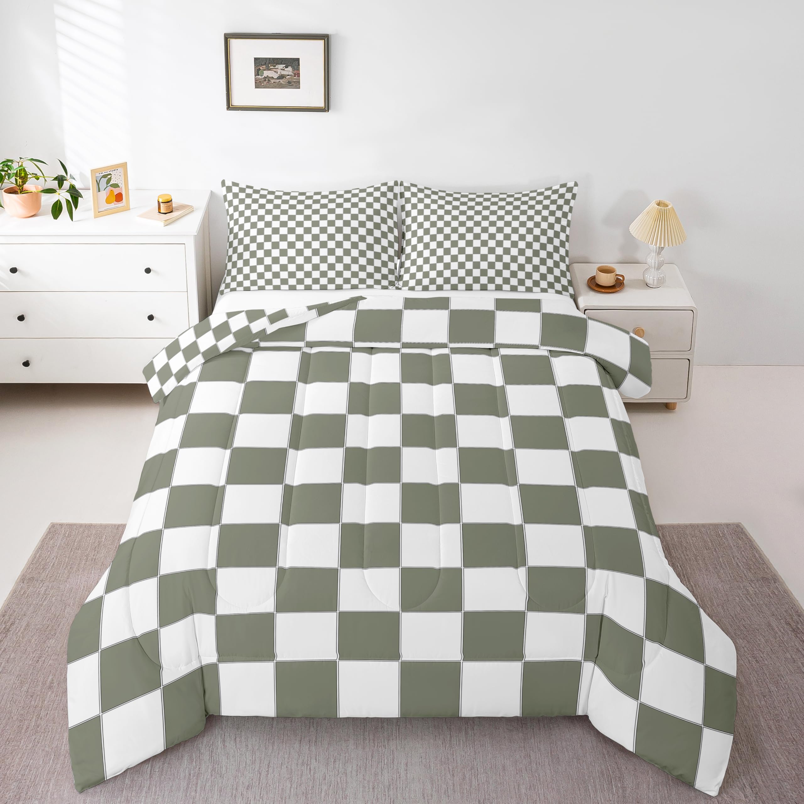 Erosebridal White Sage Green Checkered Bedding Set Buffalo Plaid Grid Comforter Set Queen for Kids Adults Men Women Checkerboard Quilt Set Aesthetics Gingham Duvet Set Modern Room Decor