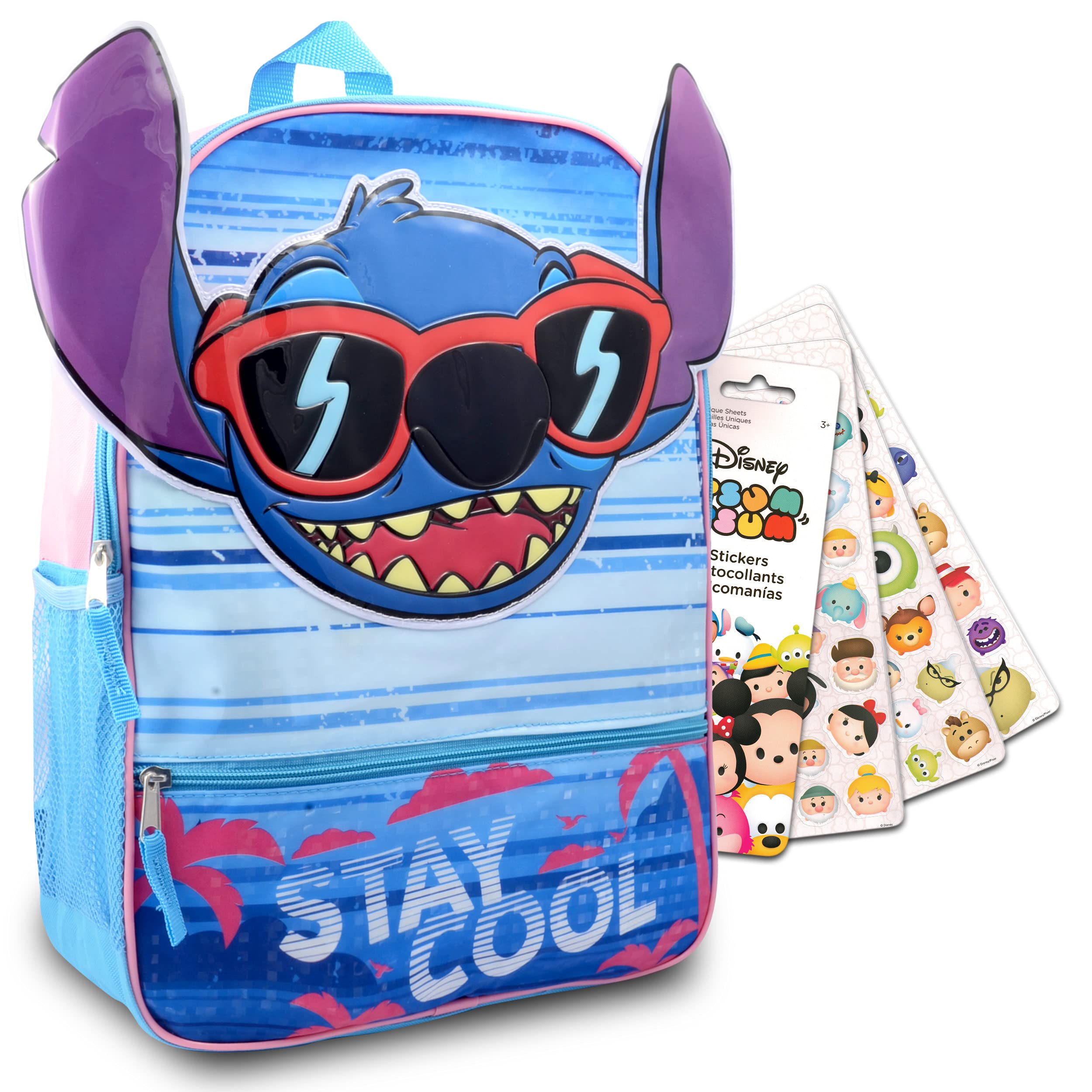 Disney Bundle Backpack For Kids 2 Pc Bundle With 16 inch Stitch School Bag Backpack And Tsum Tsum Stickers For Boys And Girls | Lilo And Stitch School Supplies Set