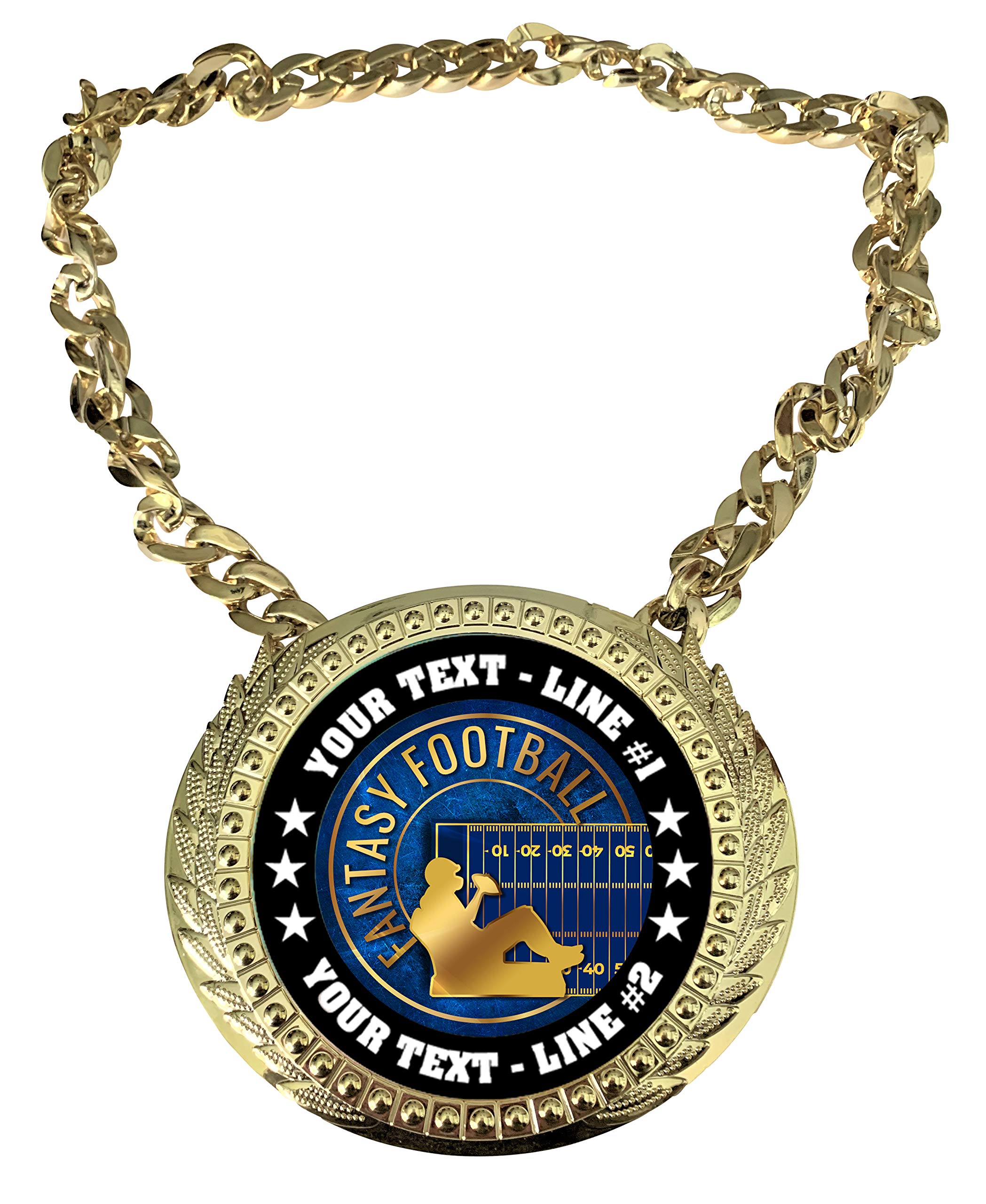 Express Medals Custom Fantasy Football Champ Chain Trophy with 2 Lines of Personalized Text on a Large Rigid Plastic Award Medal and 34 Inch Long Gold Color Neck Chain. EG24