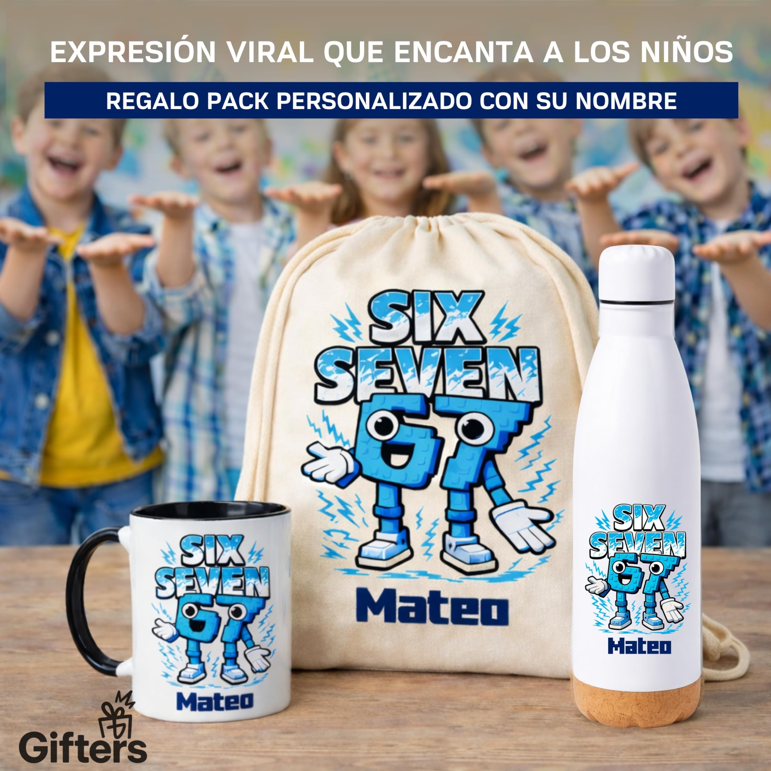 Gifters | Pack Regalo Personalizado Niño SIX SEVEN | Mochila de Cuerdas + Termo + Taza con Nombre | Kit Escolar Infantil | Regalo Original Niño, Cumpleaños, Navidad y Comunión | Pack Vuelta al Cole