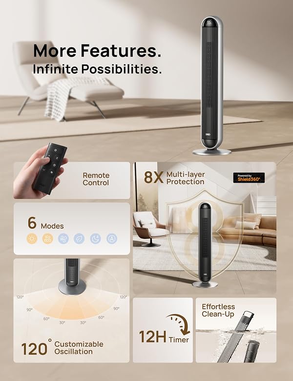 DREO Tower Fan and Heater Combo, 29.2ft/s Standing Fans for Bedroom, 17 Levels, 6 Modes, 120° Oscillation, 42 Inch, 12H Timer, 25dB Quiet, with Remote, for Office, Large Room, Silver by DREO - Image 7