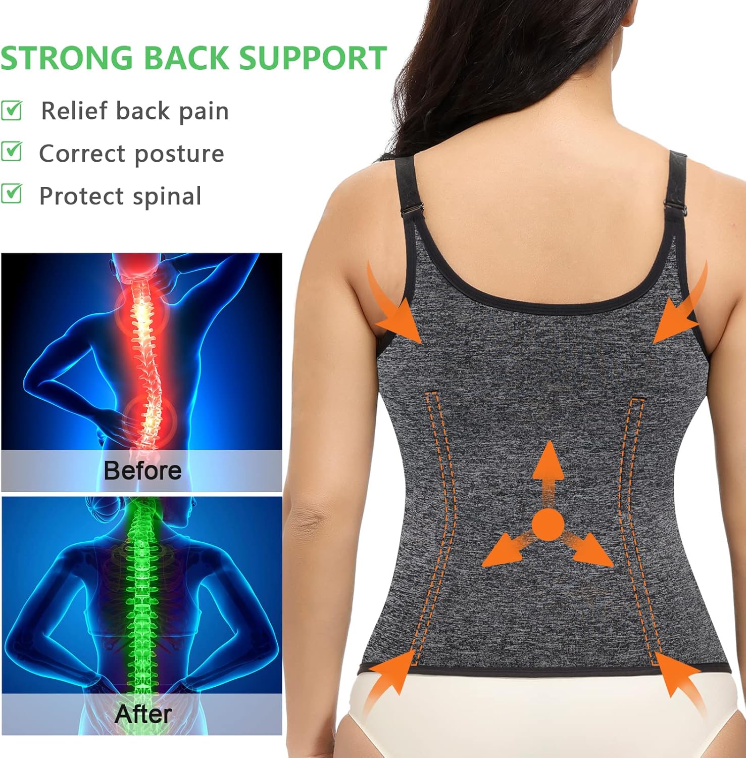 YADIFEN Waist Trainer Vest for Women,Zipper Corset Body Shaper for Tummy Control Neoprene Cincher Tank Top with Straps (Grey-Fixed shoulder straps, L) - Image 2