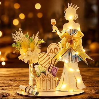 Aitsite 40th Birthday Women Money Gifts Birthday Wooden with LED Fairy Lights Wooden Sign Guest Book Gift for 40th Wedding Anniversary