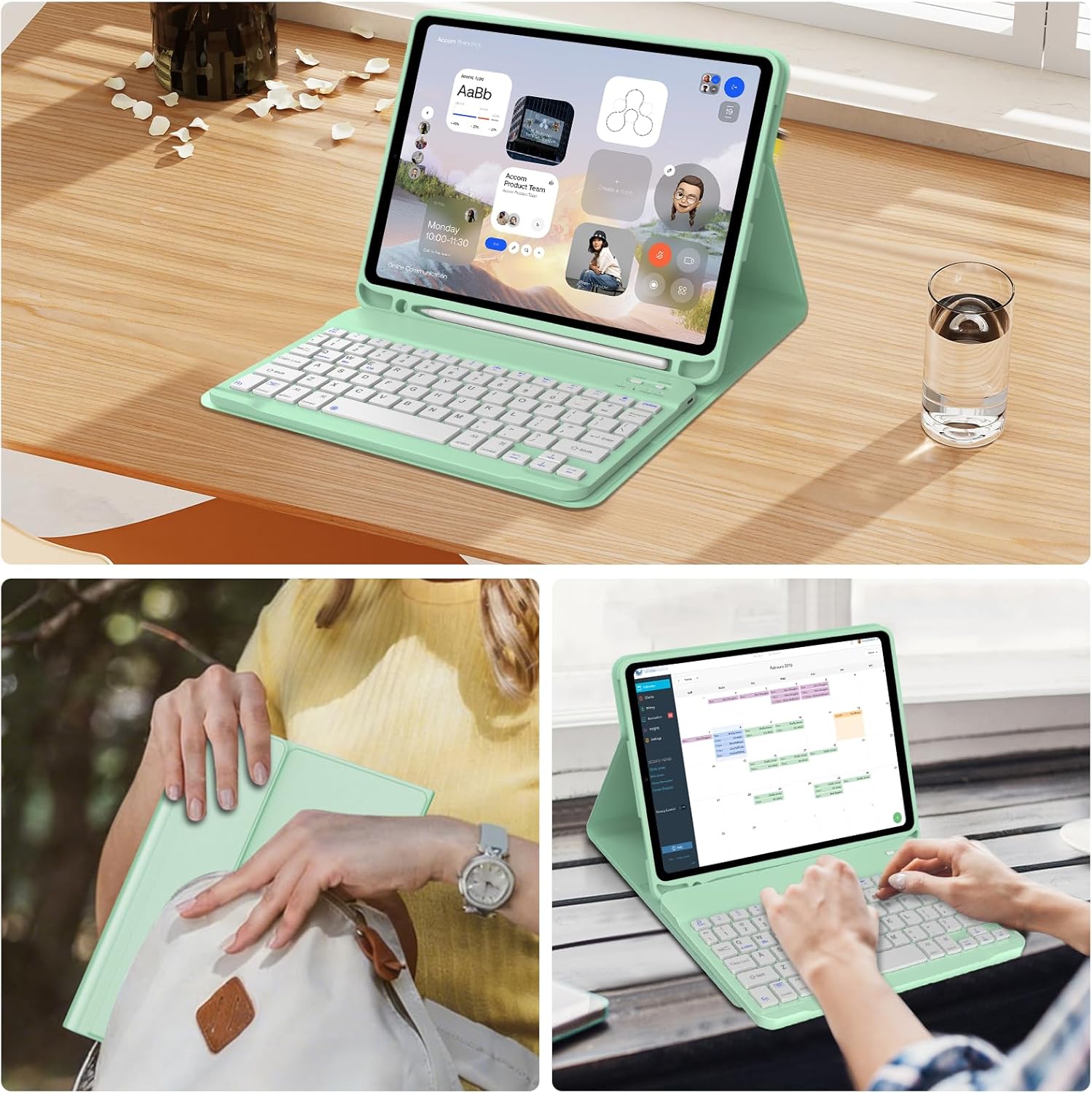 FOGARI Keyboard Case for iPad (A16) 11th/10th Generation (2025/2022),Wireless Bluetooth Keyboard, Stand Folio Keyboard Cover with Pencil Holder, Thin & Light,Light Green