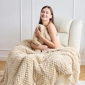 Wemore Fleece Weighted Blanket for Adults (60" x 80" 20lbs, Khaki), Dual Sided Cozy Soft Sherpa Heavy Blanket, 3D Imitation Turtle Shell Warm Jacquard Flannel Weighted Blankets for Couch and Bed