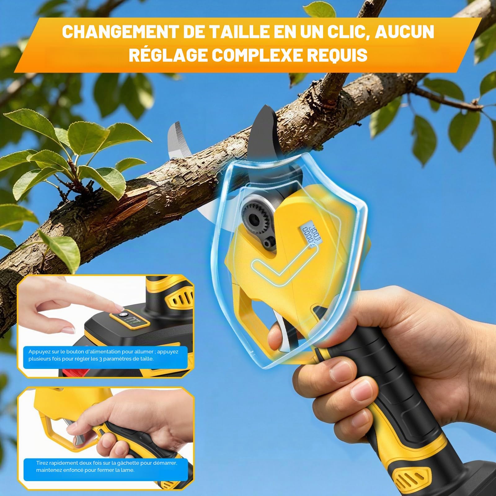 Sécateur Électrique Sans Fil, Secateur Electrique avec 3 Ouvertures de Lame Réglables, 1000w Moteur et L'écran pour Élagage, Sécateur a Batterie Compatible le Batterie Makita pour Branches et Arbustes