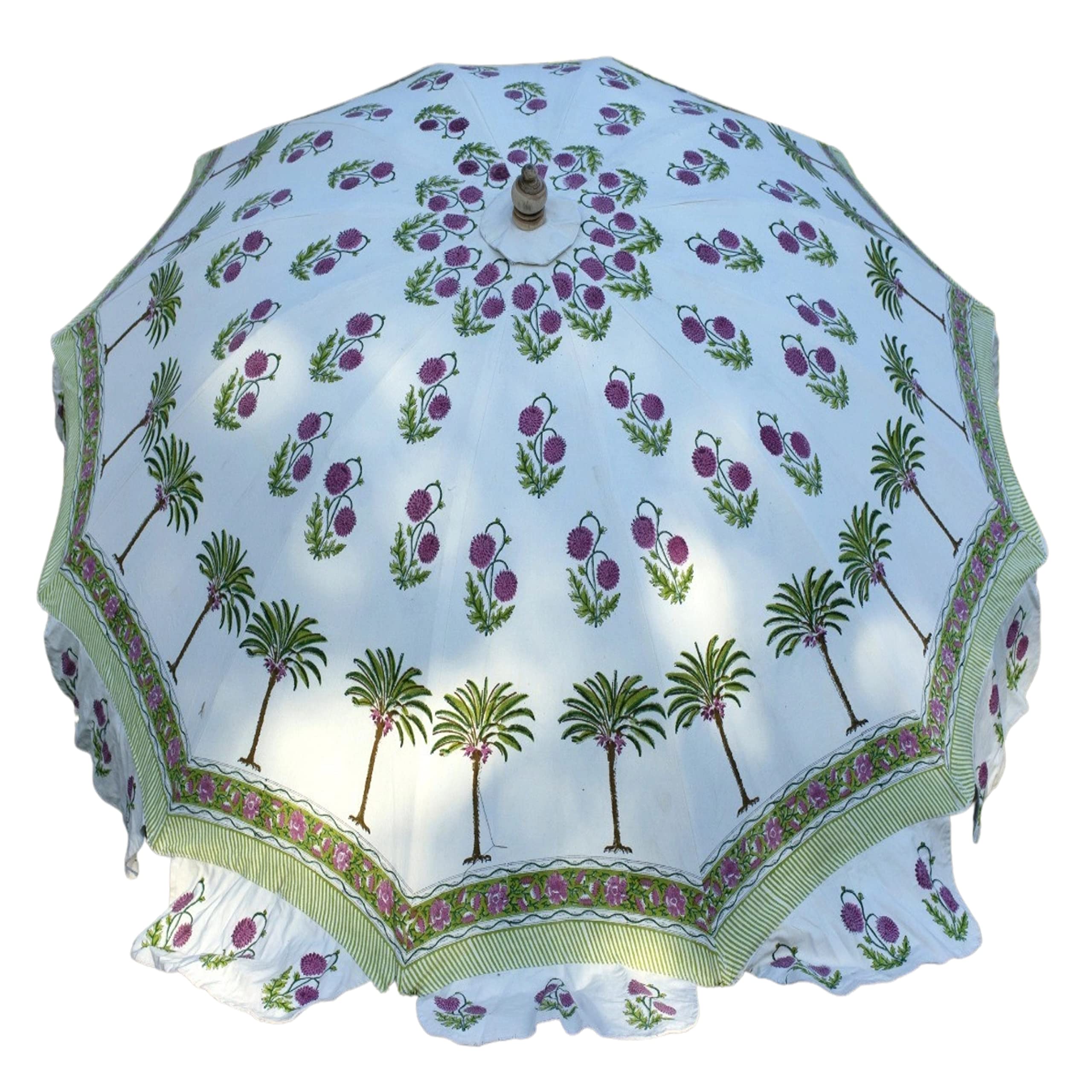Handmade Pam Tree Printed Hand Block Print Pure Cotton Garden Umbrella for Summer Outdoor Decor Sun Shade Patio Big Parasol 80" Inch-image-18