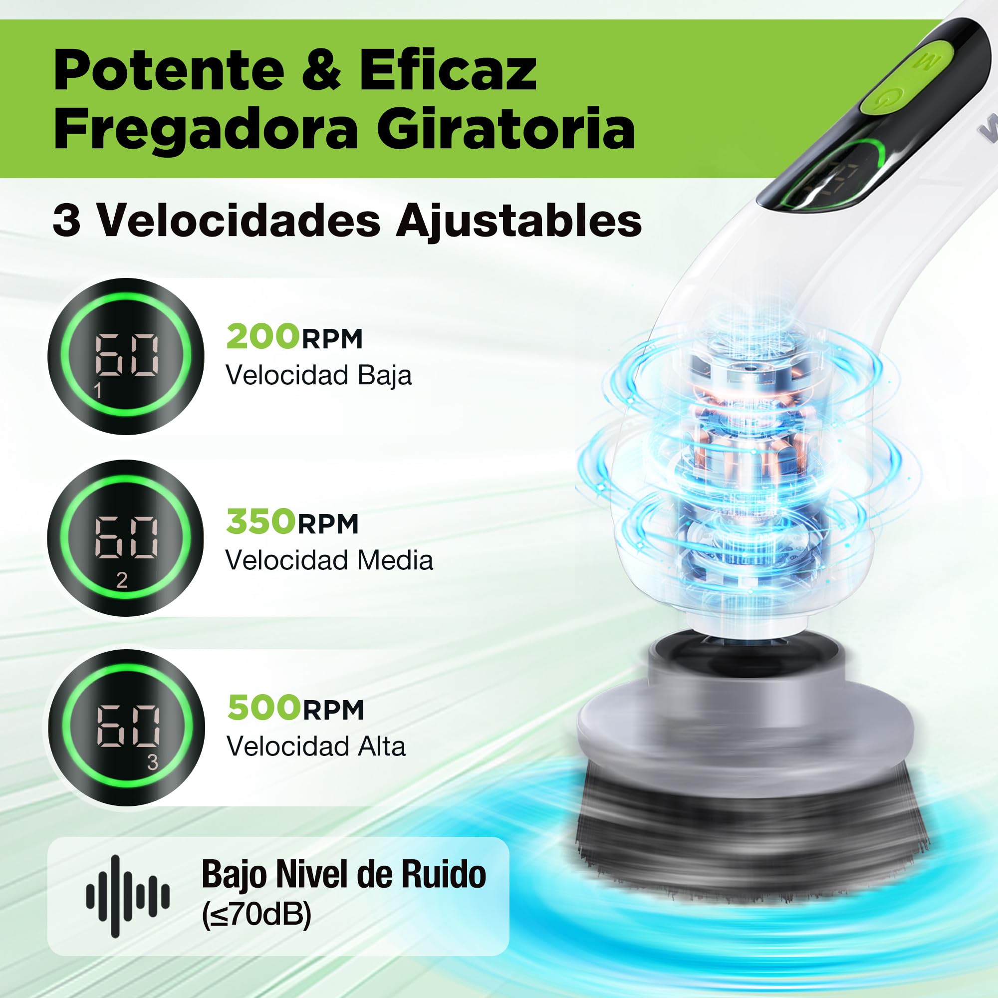 WORKPRO Cepillo Limpieza Eléctrico 8V con 8 Cabezales Mango Telescópico | Mango Ajustable de 30-120cm y Tres Velocidades para Limpiar Suelos, Baños, Cocinas y Zonas de Difícil Acceso