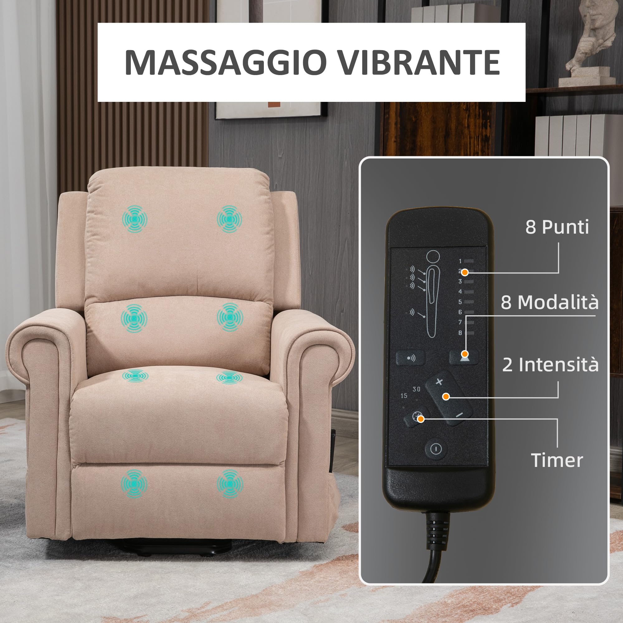 HOMCOM Poltrona Elettrica Alzapersona con 8 Punti Massaggio, Reclinabile 135°, Poltrona Relax Elettrica in Velluto per Anziani e Disabili con Telecomando, Poggiapiedi, Tasche Laterali, Marrone Chiaro