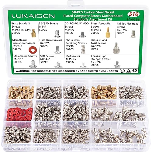 516 PCS Computer Screws Assortment Kit, 6-32 Male to M3 Female Carbon Steel Nickel Plated Motherboard Standoffs Screws for 2.5''SSD Hard Drive Fan Power Graphics Chassis CD-ROM Computer ATX Case