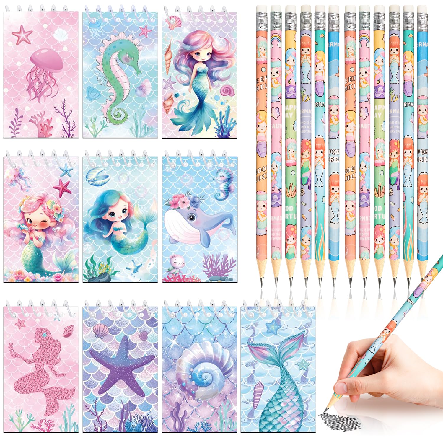 Unvtap 10 Mini Mermaid Notebooks & 12 Pencils, Party Bag Fillers for Girls