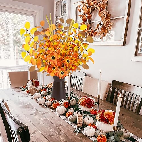Miniatura 6 de Agusbagli Flores artificiales de otoño con maceta de metal, arreglo de calabaza de otoño de 22.5 pulgadas con hojas de eucalipto, plantas de otoño