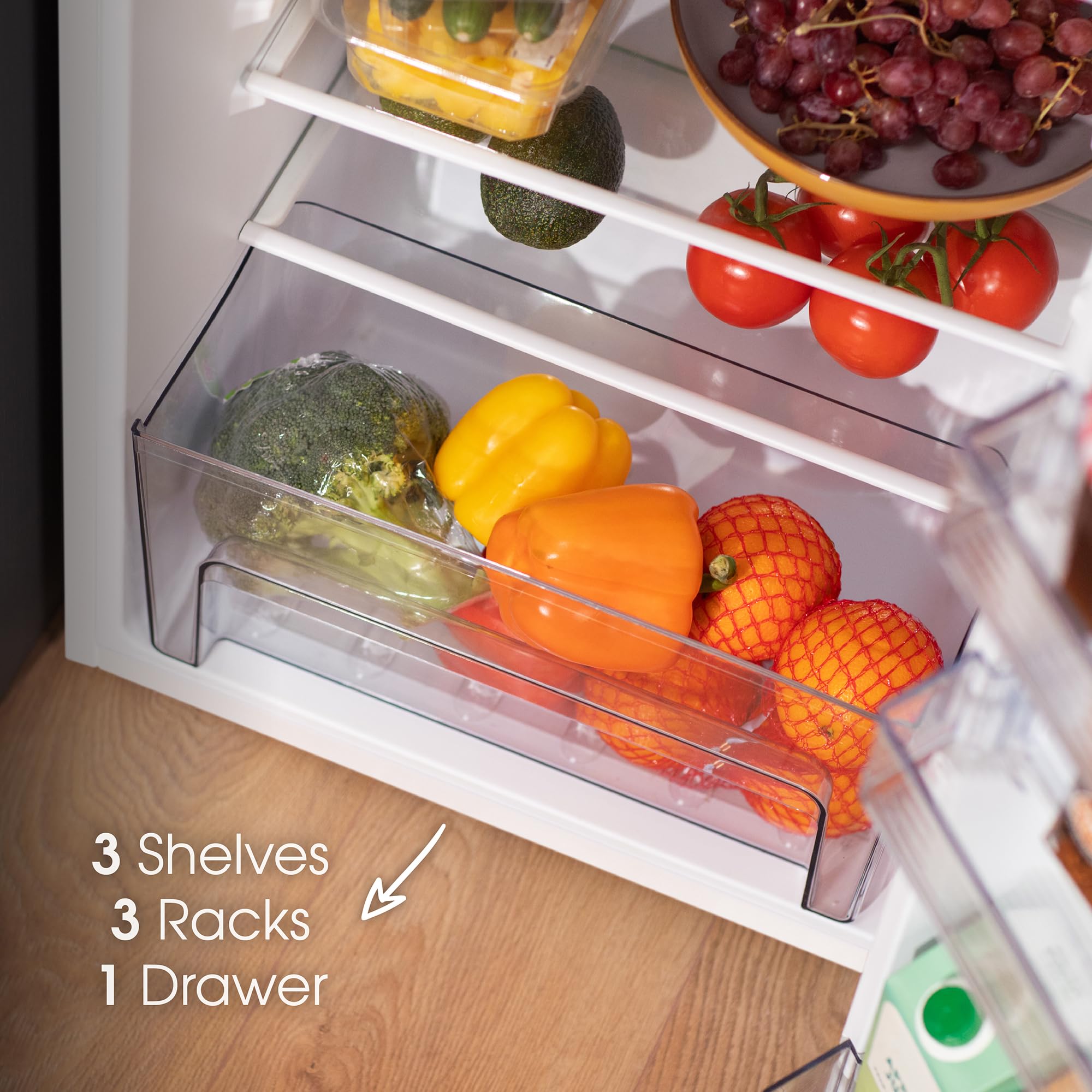 Abode Under Counter Fridge 50cm Wide Freestanding White 114 Litre Removeable Glass Shelves & Drawer, Adjustable Feet & Reversible Door A85UCLF504E1W (New 2025 Model, White) — view 9