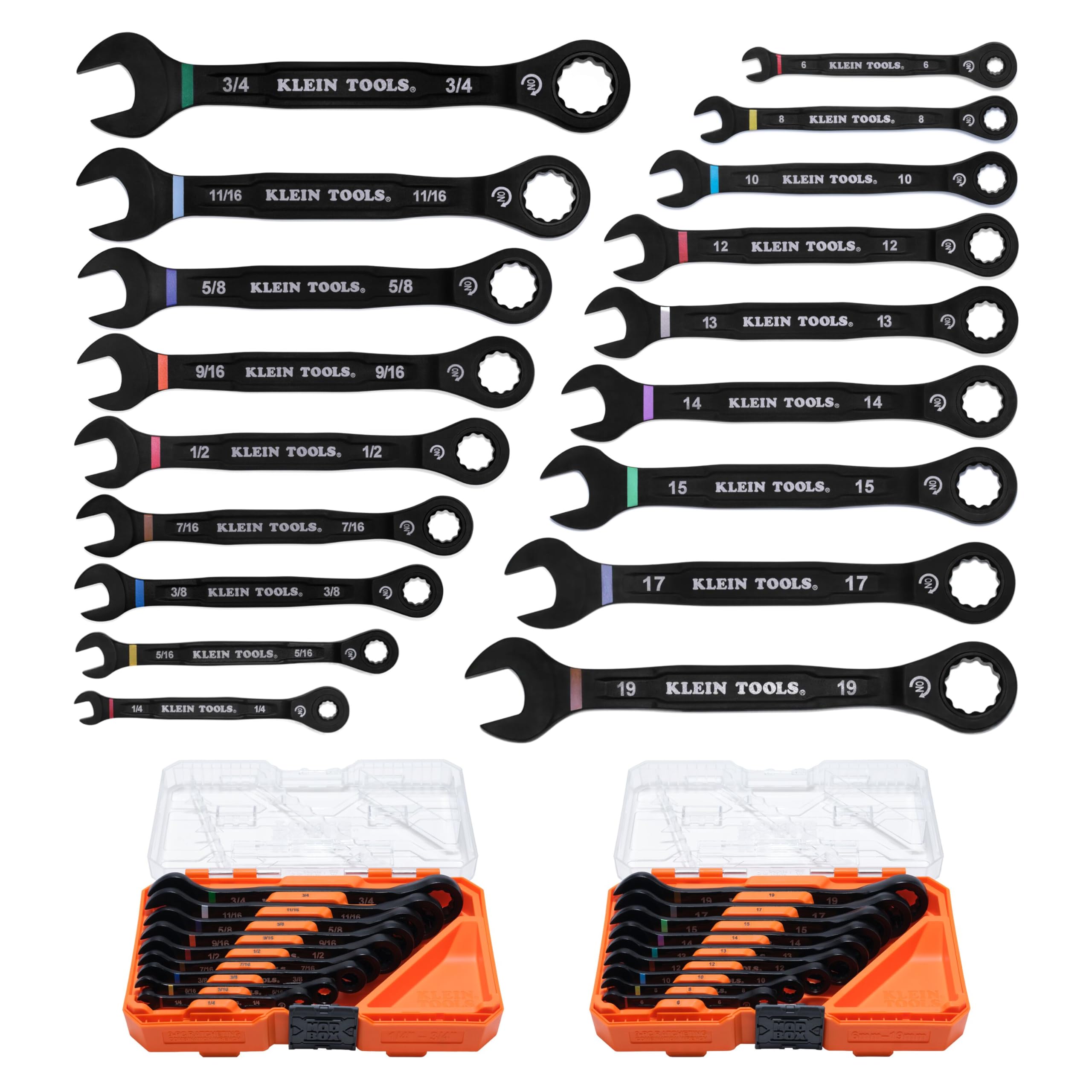 69418CG 18-Piece Combination Ratcheting Wrench Set | SAE 1/4 to 3/4 in. and Metric 6 to 19 mm Ratcheting Combination Wrenches, 2 MODbox Compatible Cases