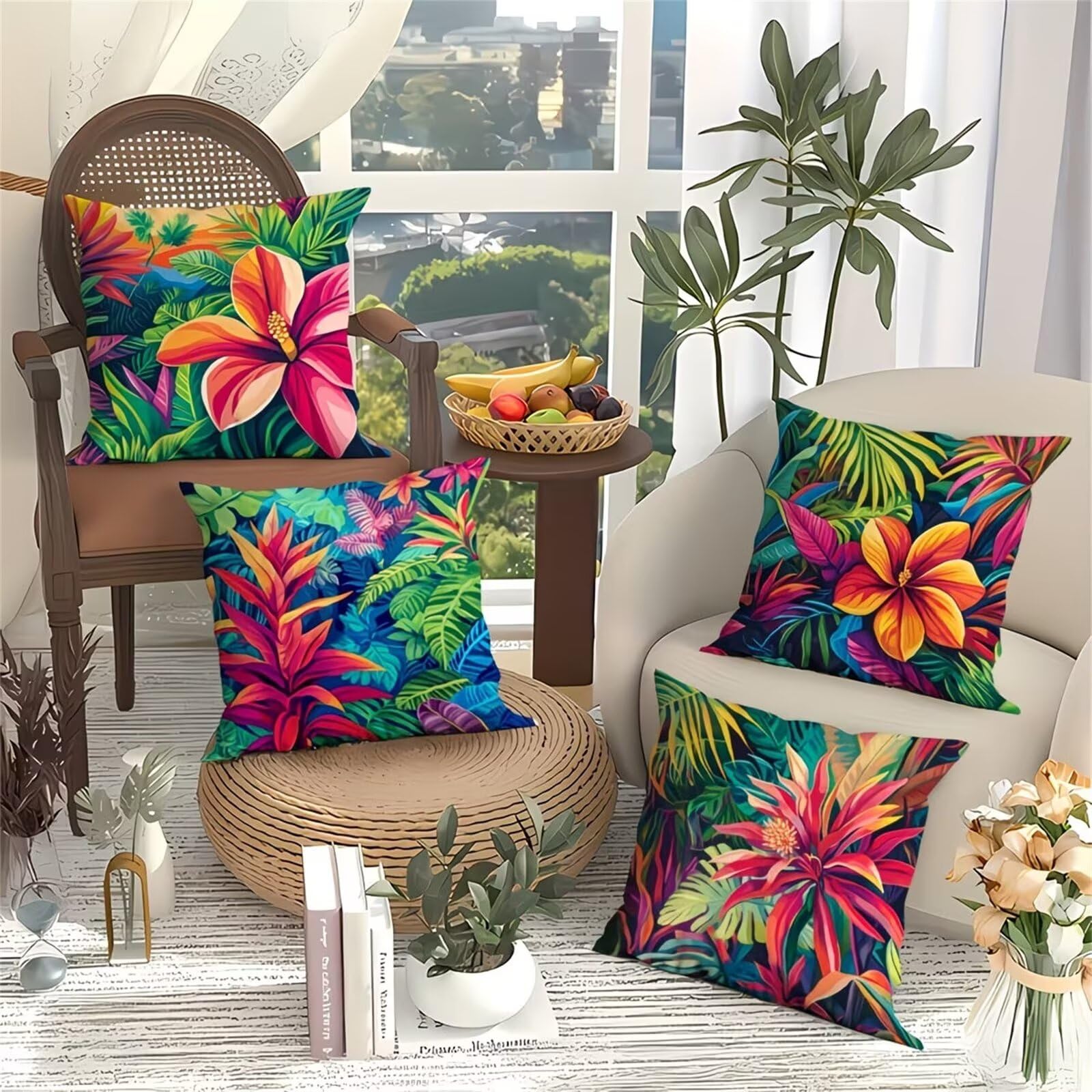Heaen Outdoor Cushions Covers Waterproof 55x55 cm Set of 4 Square Linen Pillow Cases Tropical Leaves Decorative Dushions for Sofa Porch Patio Home Decor