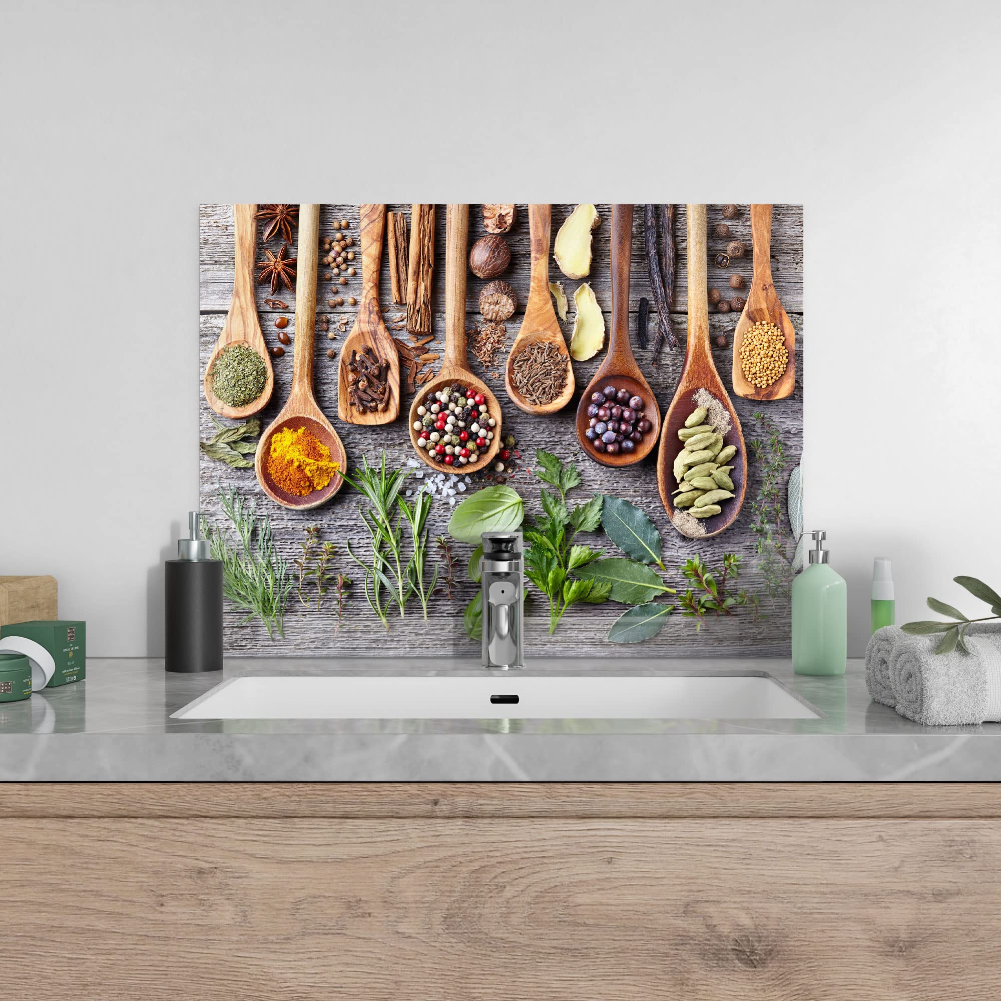DEQORI Tylna ścianka kuchenna, ze szkła, z motywem, zdobione łyżki kuchenne, 80 x 60 cm, tylna ścianka do łazienki lub kuchenki, osłona przed pryskaniem, do kuchni i łazienki, nowoczesna dekoracja na kafelki