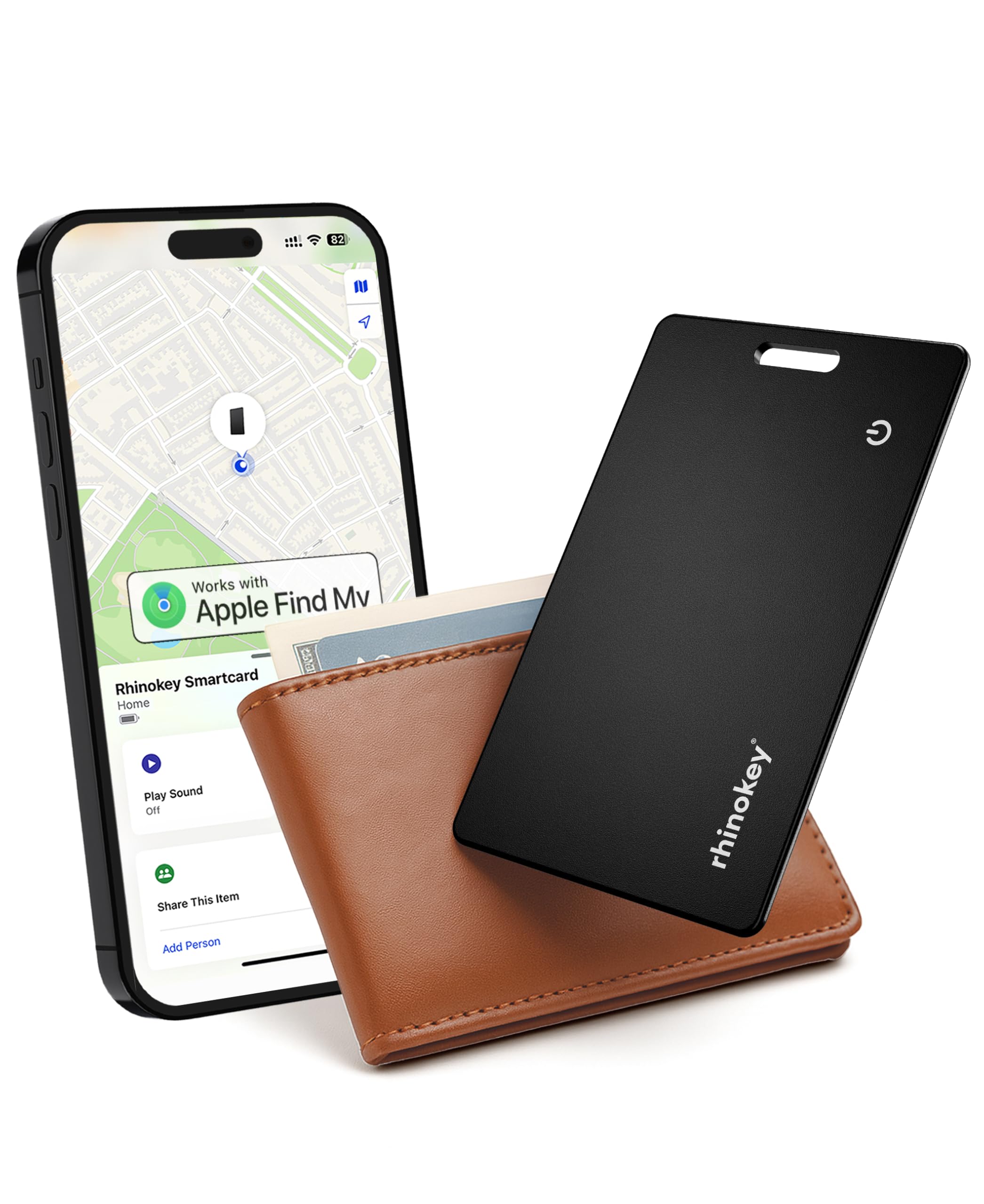 Rhinokey® Wallet Tracker Card (iOS Only) - Slim Rechargeable 1.8mm Thin Tracker, Airtag Wallet IP68 Waterproof, Apple Find My Luggage Tags, Item Finder with Key Chain Hole (1 Pack - iOS)