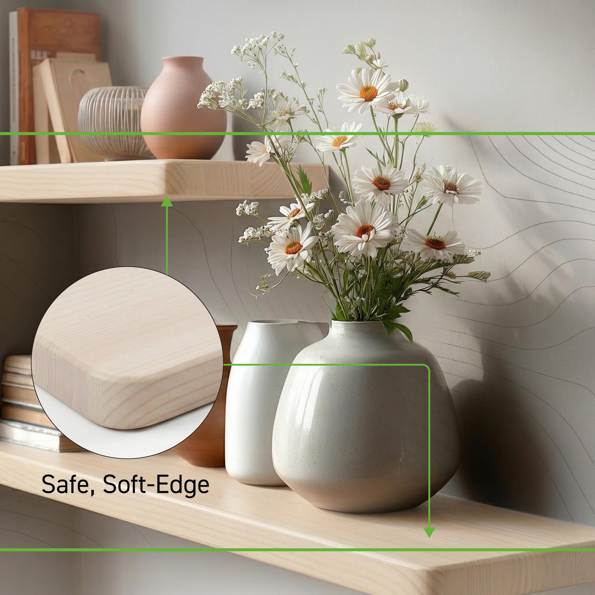 Aura | Estantería Pared de Madera Maciza | Baldas Flotantes Con Veta Vista y Bordes Redondeados | Incluye Tacos Especiales Pladur y Ladrillo | Repisas y Estantes para Baño (Blanco, 58, 2)