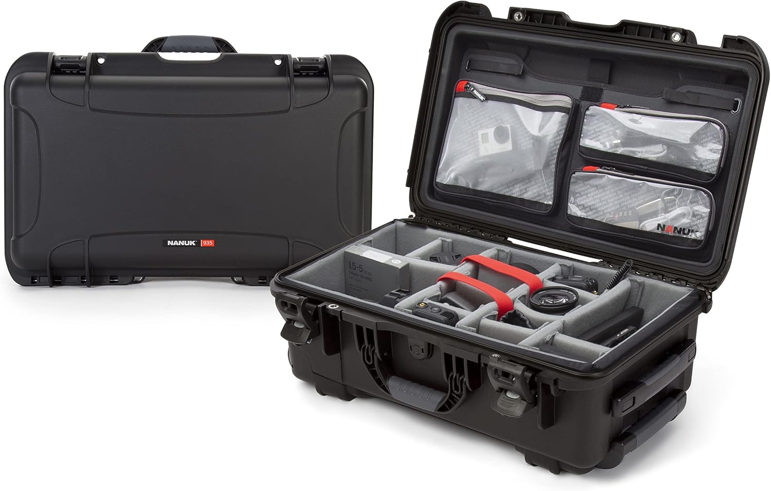 Nanuk 935 Waterproof Carry-On Hard Case with Lid Organizer and Padded Divider w/ Wheels - Black Black Padded Divider W/ Lid Organizer Case