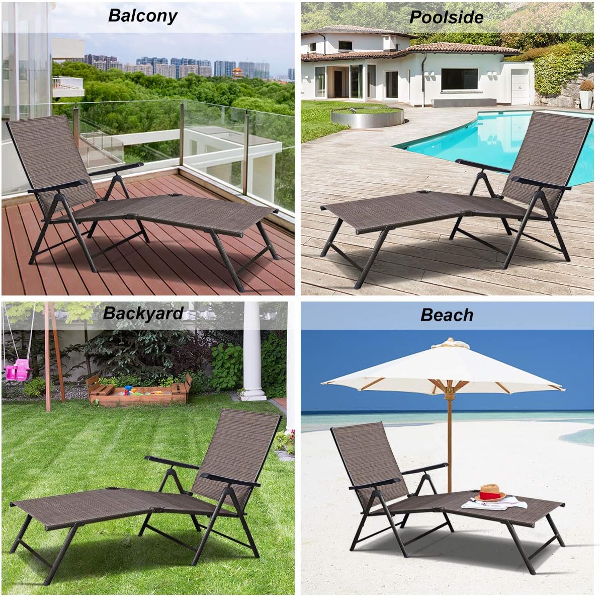 Casart Chaise Lounge Chair, Outdoor Adjustable Lounge Recliner for Poolside, Garden and Patio