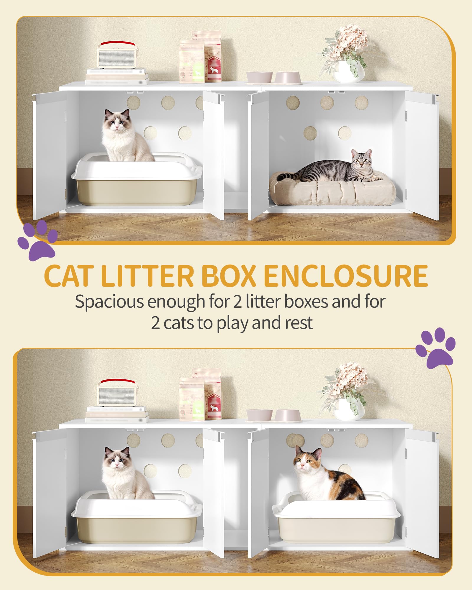 Hzuaneri Mueble para Arena de Gato Oculto, Casa para Dos Gatos de Dos Pisos, Arenero y Caseta de Madera Multifuncional Sirve como Soporte TV, 140x48.3x48 cm, Blanco, CB65603X