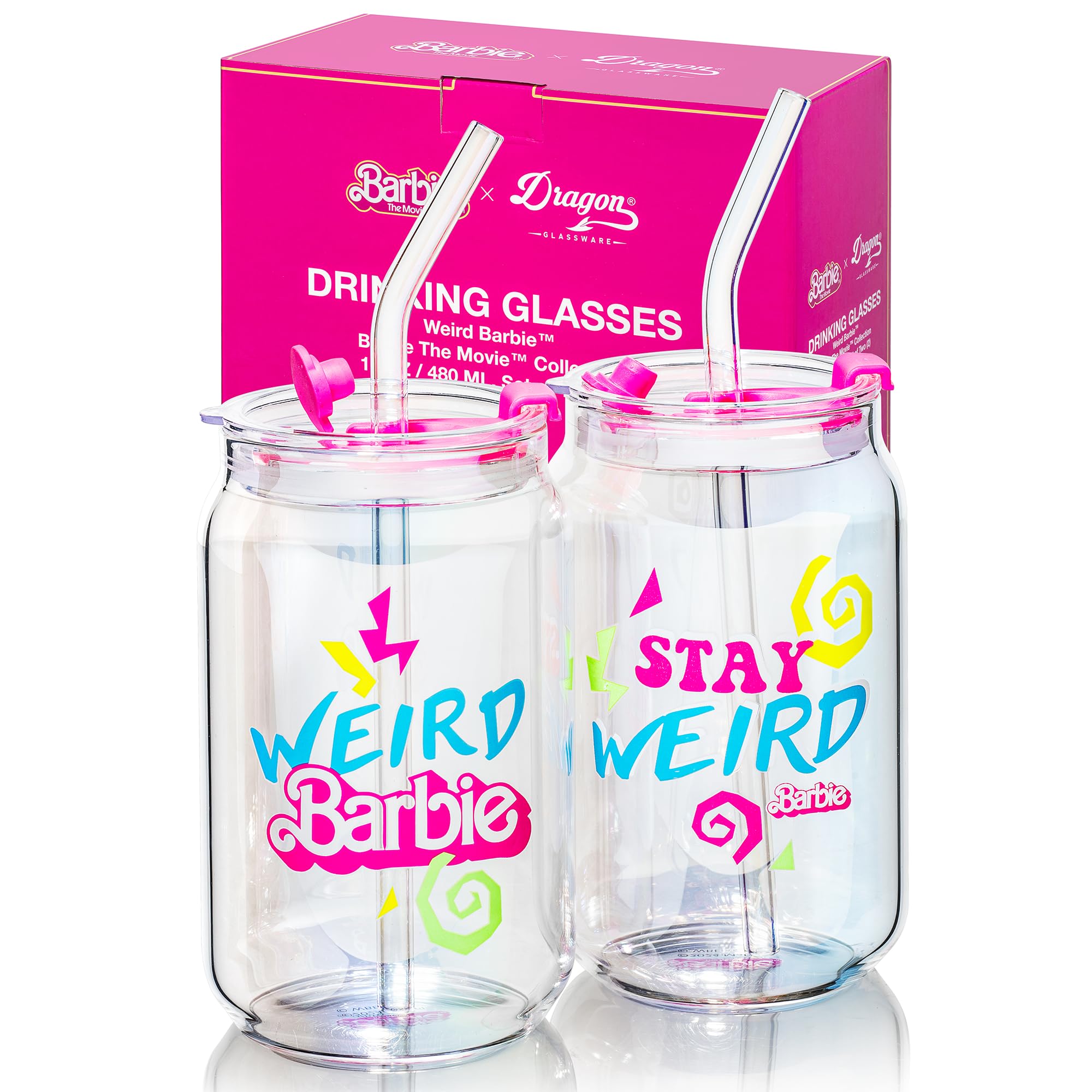 x Barbie The Movie - 16 oz Glass Cups with Lids and Straws, Set of 2 - Iced Coffee Cups with Lids - Versatile Glass Tumbler with Straw and Lid for Hot or Cold Drinks - Weird Barbie