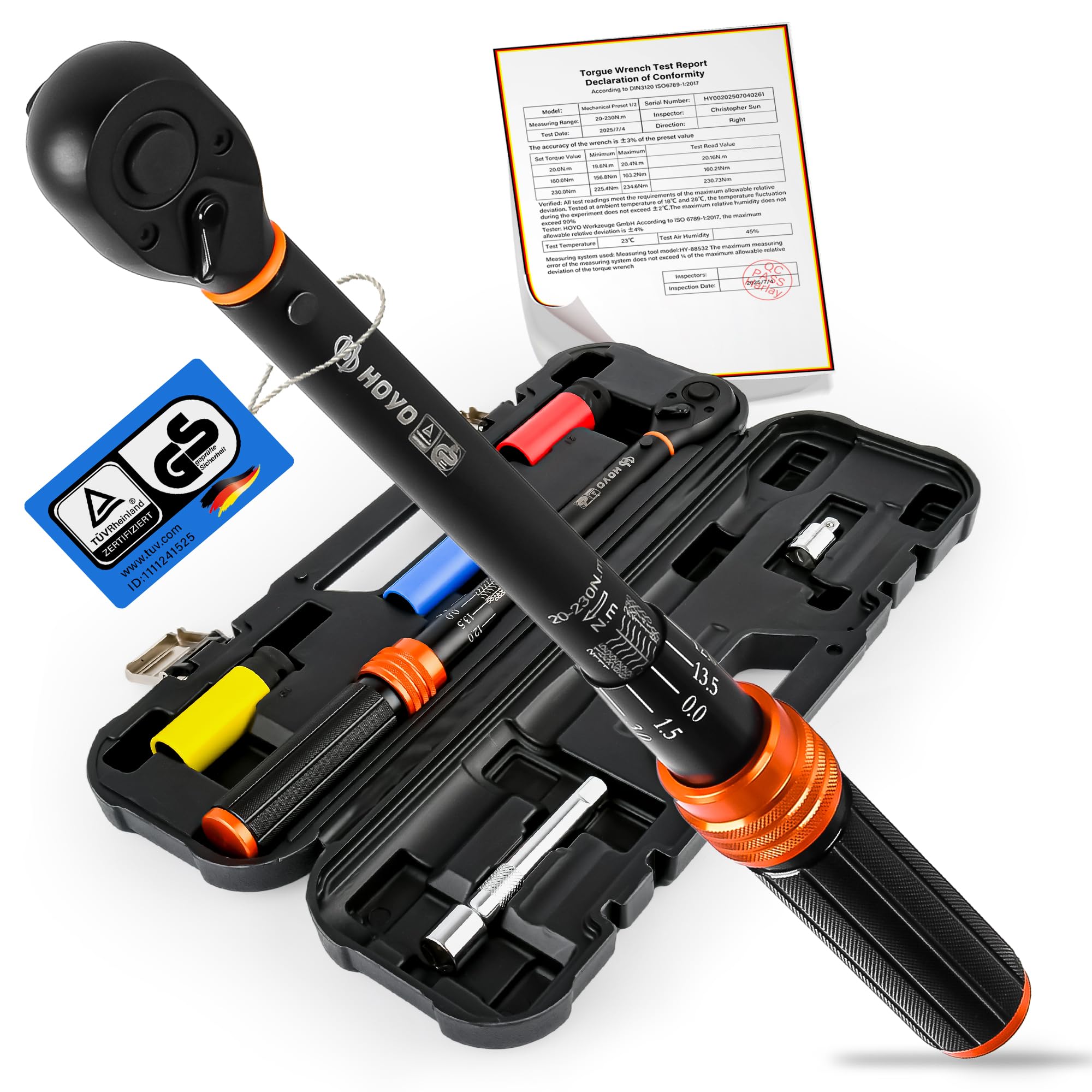 Warmfay Chiave dinamometrica 1/2", 20-230NM Torque Wrench Set ±3% di precisione di errore con 72 denti Cricchetto reversibile, 6 pezzi con prolunga da 12,5 cm, adattatore da 1/2"-3/8" e 3 bussole