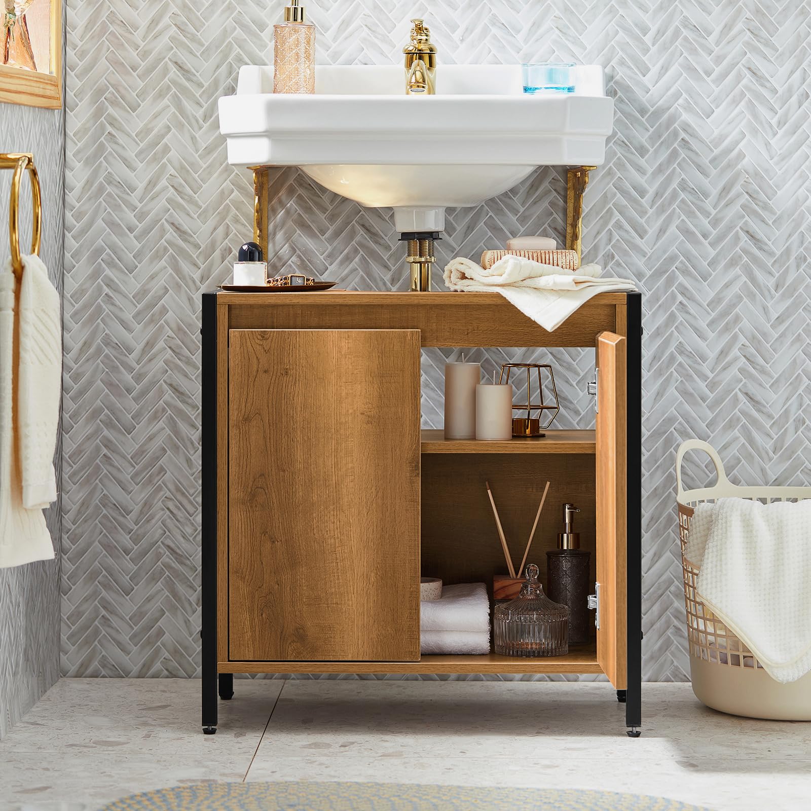 SoBuy Waschbeckenunterschrank Schrank Badmöbel Badezimmer Unterschrank Holz mit 2 Türen und Regal, waschtischunterschrank schmal stehend Badunterschrank für kleine Bäder WC 60x60x30 cm BZR63-PF