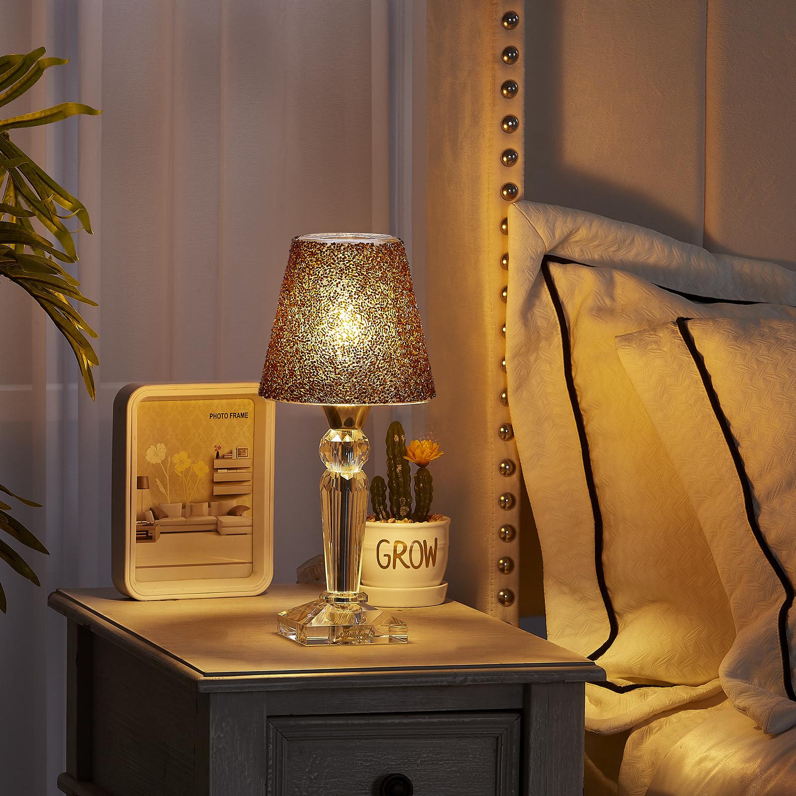 Moroccan Mosaic table Lamp with Crystal Base - 3 Color Options Handmade Magic plated hose bead Mosaic Glass Bedside Lamps for Bedroom, Dual-usage:desk lamp or uplight, LED Bulb Included(Amber)