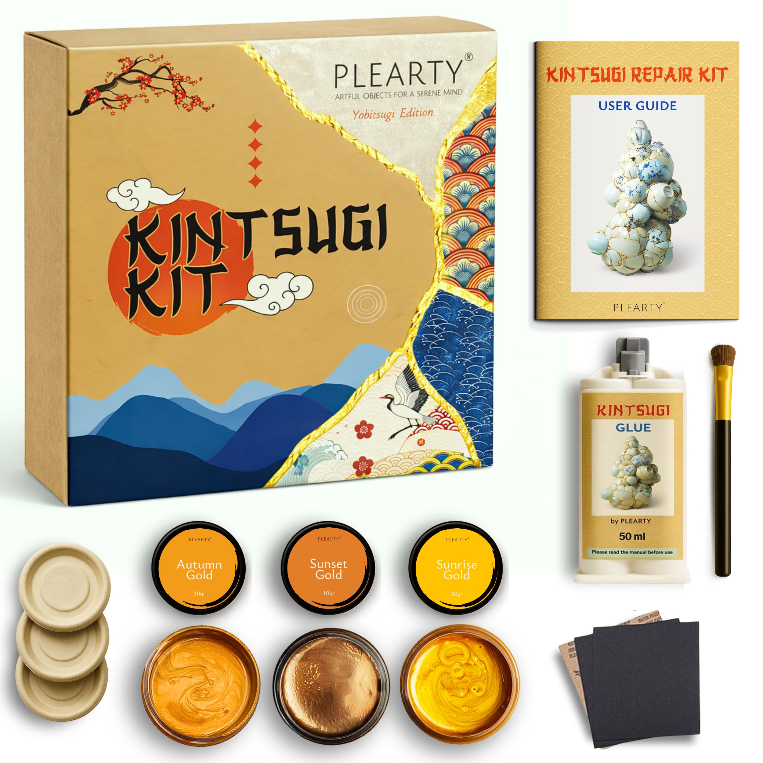 PLEARTY Kintsugi Repair Kit 50ml Food Safe Linseed Resin Dishwasher Proof 60g Metallic Gold Mica Powder 15-Page Guide - The Most Complete and Modern Kintsugi kit for Beginners (Without Ceramics)