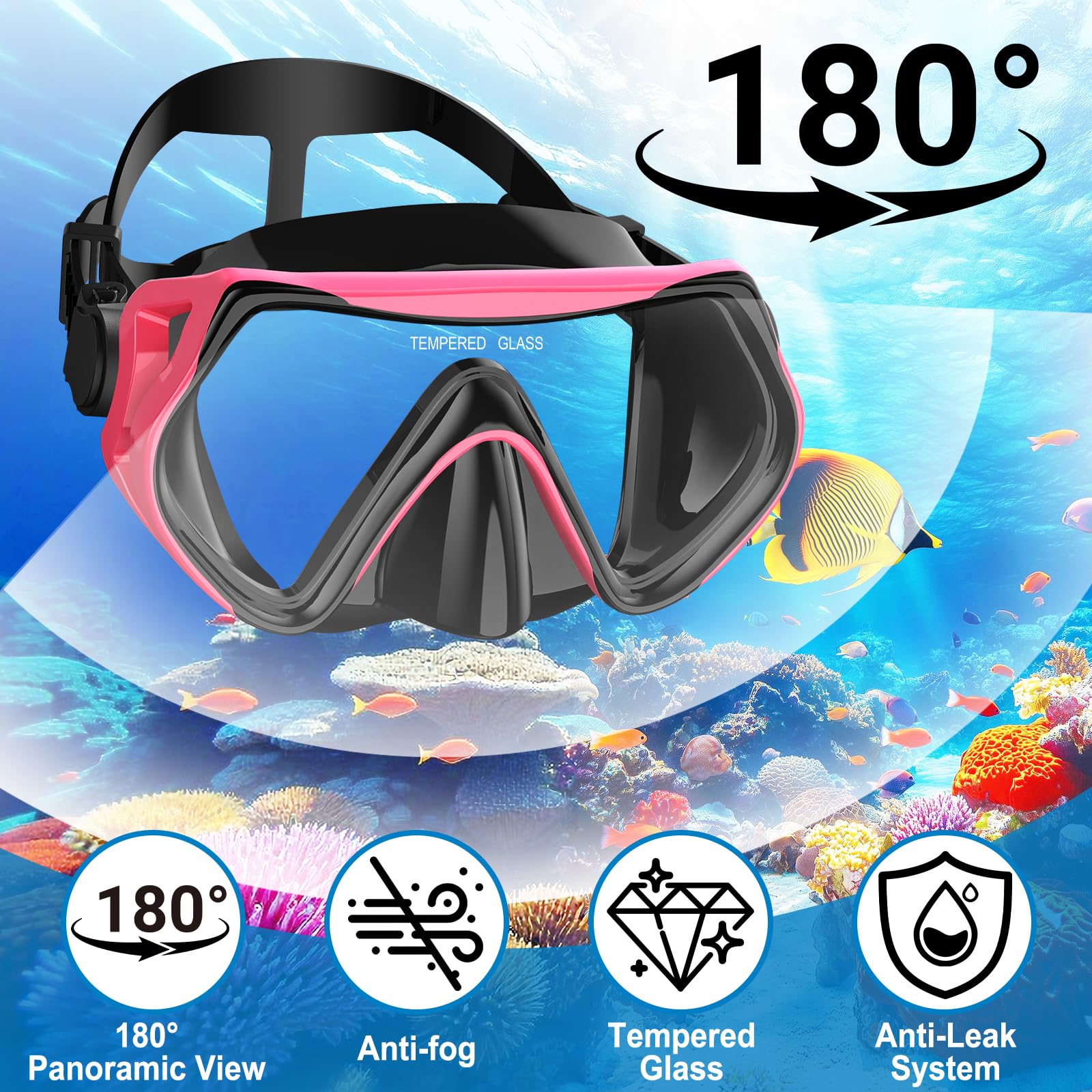 Schnorchelset Erwachsene, Schnorcheln Set mit Anti-Fog Taucherbrille und Dry Schnorchel, Professionelle Schnorchelmaske Tauchmaske aus Gehärtetem Glas für Schnorcheln